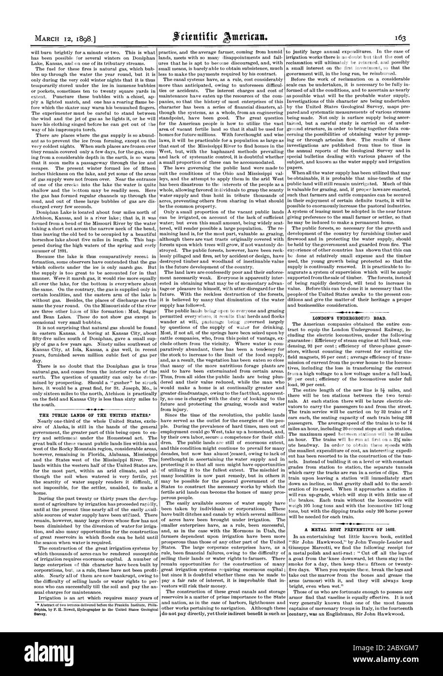 Las TIERRAS PÚBLICAS DE LOS ESTADOS UNIDOS. 4 del metro de Londres Road., Scientific American, 98-03-12 Foto de stock