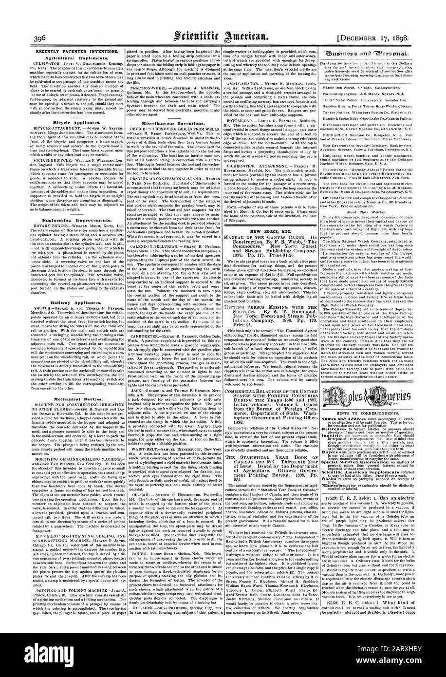 Recientemente, las invenciones patentadas. Implementos Agrícolas. Aparatos de bicicletas. Mejoras de ingeniería. Aparatos de ferrocarril. Dispositivos mecánicos. Varios inventos. Nuevos libros etc., Scientific American, 1898-12-11 Foto de stock