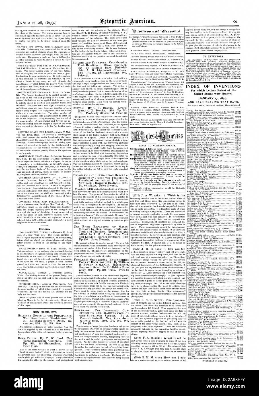 A los inventores. Índice de las invenciones para cuya patente de letras de los Estados Unidos fueron otorgadas el 17 de enero de 1899 nuevos libros etc., Scientific American, 1899-01-28 Foto de stock