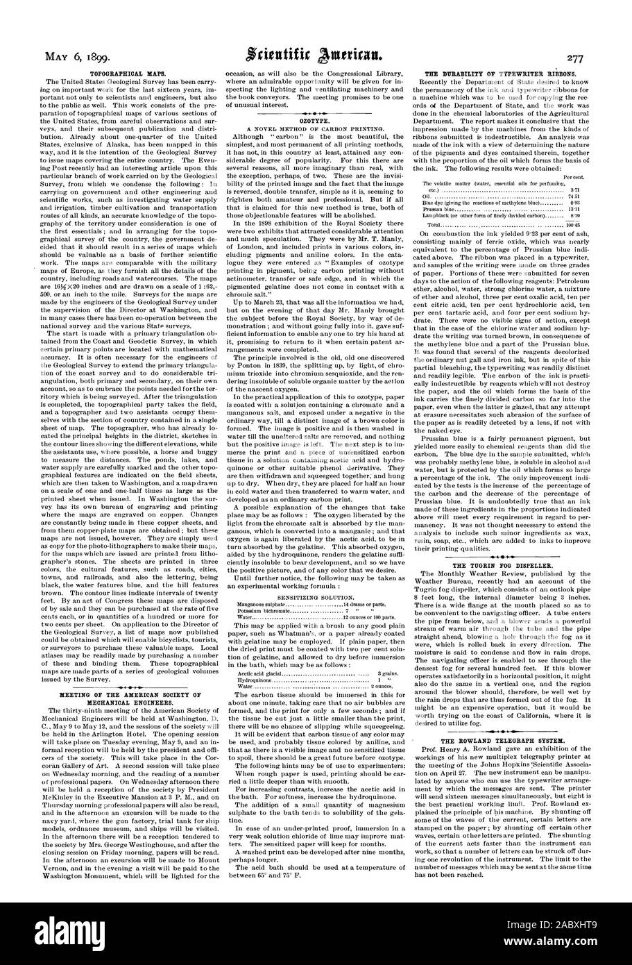 El 6 de mayo de 1899. Los mapas topográficos. Reunión de la Sociedad Americana de Ingenieros Mecánicos. OZOTYPE. La durabilidad de cintas para máquinas de escribir. La NIEBLA TIIGRIN DISPELLER. El sistema de telégrafo Rowland, Scientific American, 1899-05-06 Foto de stock
