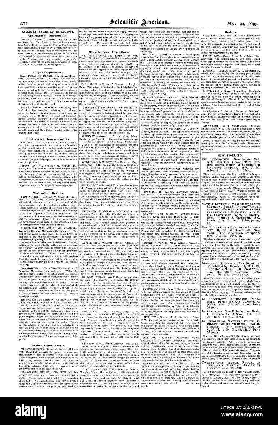 Dispositivos mecánicos. Railway-Contrivances. Diseños. Nuevos libros, etc. Recientemente las invenciones patentadas. Implementos Agrícolas. Bicicleta-.t uestras aplicaciones. Mejoras de ingeniería. Varios inventos., Scientific American, 1899-05-11 Foto de stock