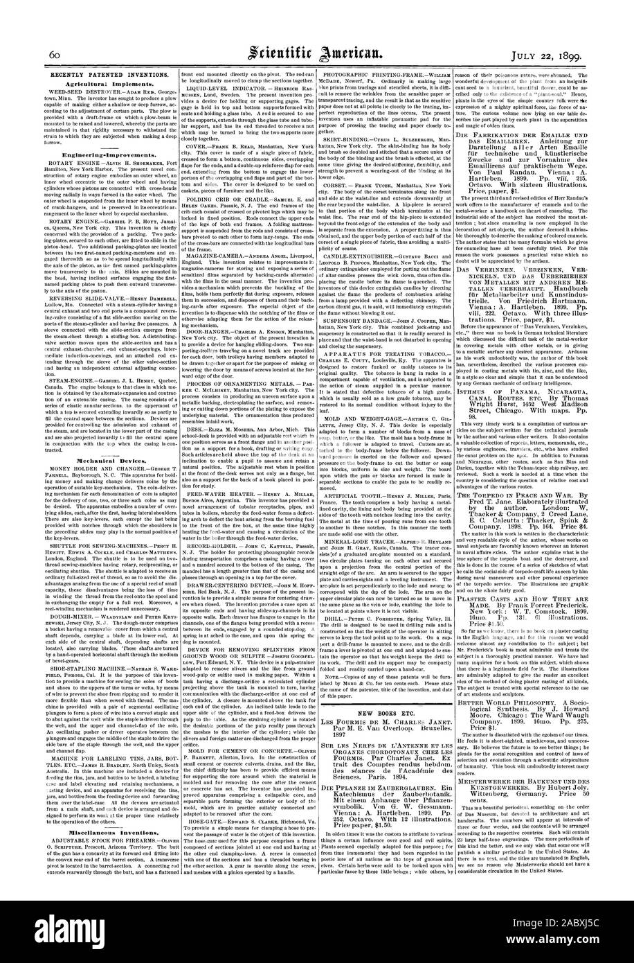 Recientemente, las invenciones patentadas. Implementos Agrícolas. Engineering-Improvements. Dispositivos mecánicos. Varios inventos. Nuevos libros etc., Scientific American, 1899-07-11 Foto de stock