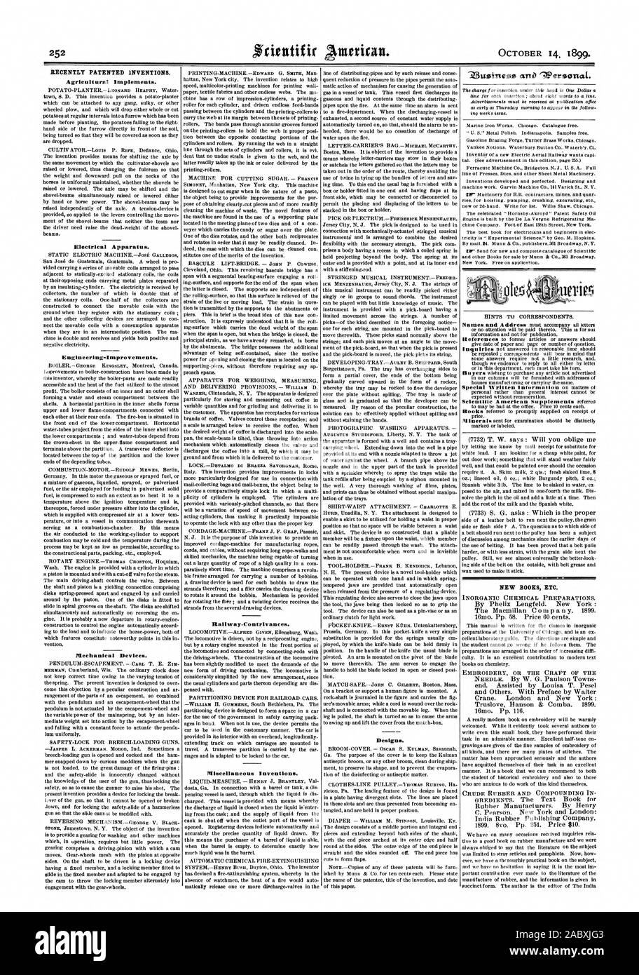 Recientemente, las invenciones patentadas. Implementos Agrícolas. Los aparatos eléctricos. Dispositivos mecánicos. Railway-Contrivances. Varios inventos. Diseños. Z3au un tWersonat ussinez9. Nuevos libros etc., Scientific American, 1899-10-11 Foto de stock