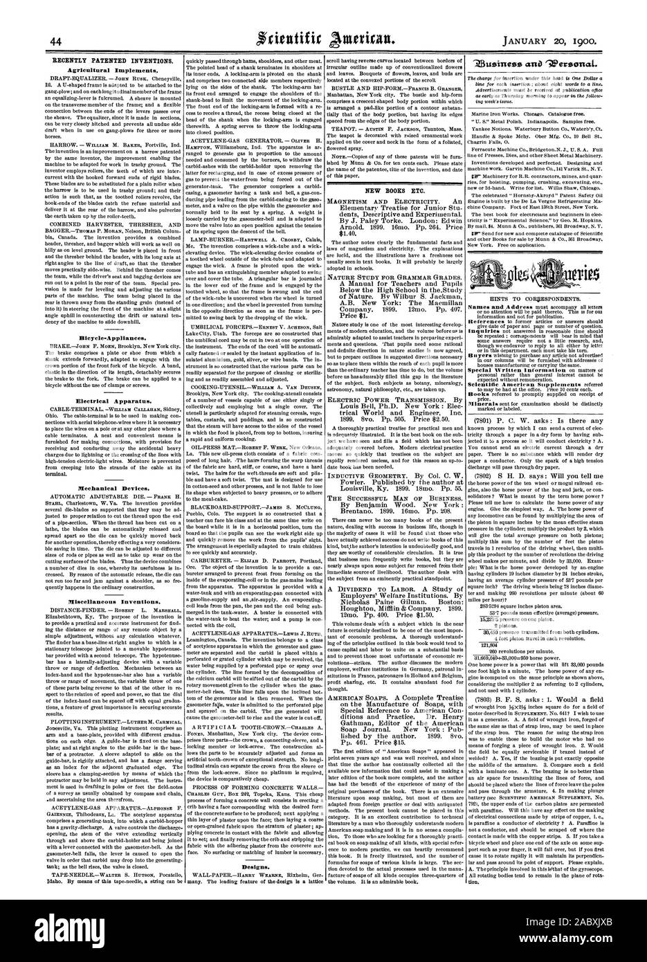 Recientemente, las invenciones patentadas. Implementos Agrícolas. Bicycle-Appliances. Los aparatos eléctricos. Dispositivos mecánicos. Varios inventos. Diseños. Nueva BOORS ETC. 'Ziussinessui 'Wersoncit., Scientific American, 1900-01-11 Foto de stock