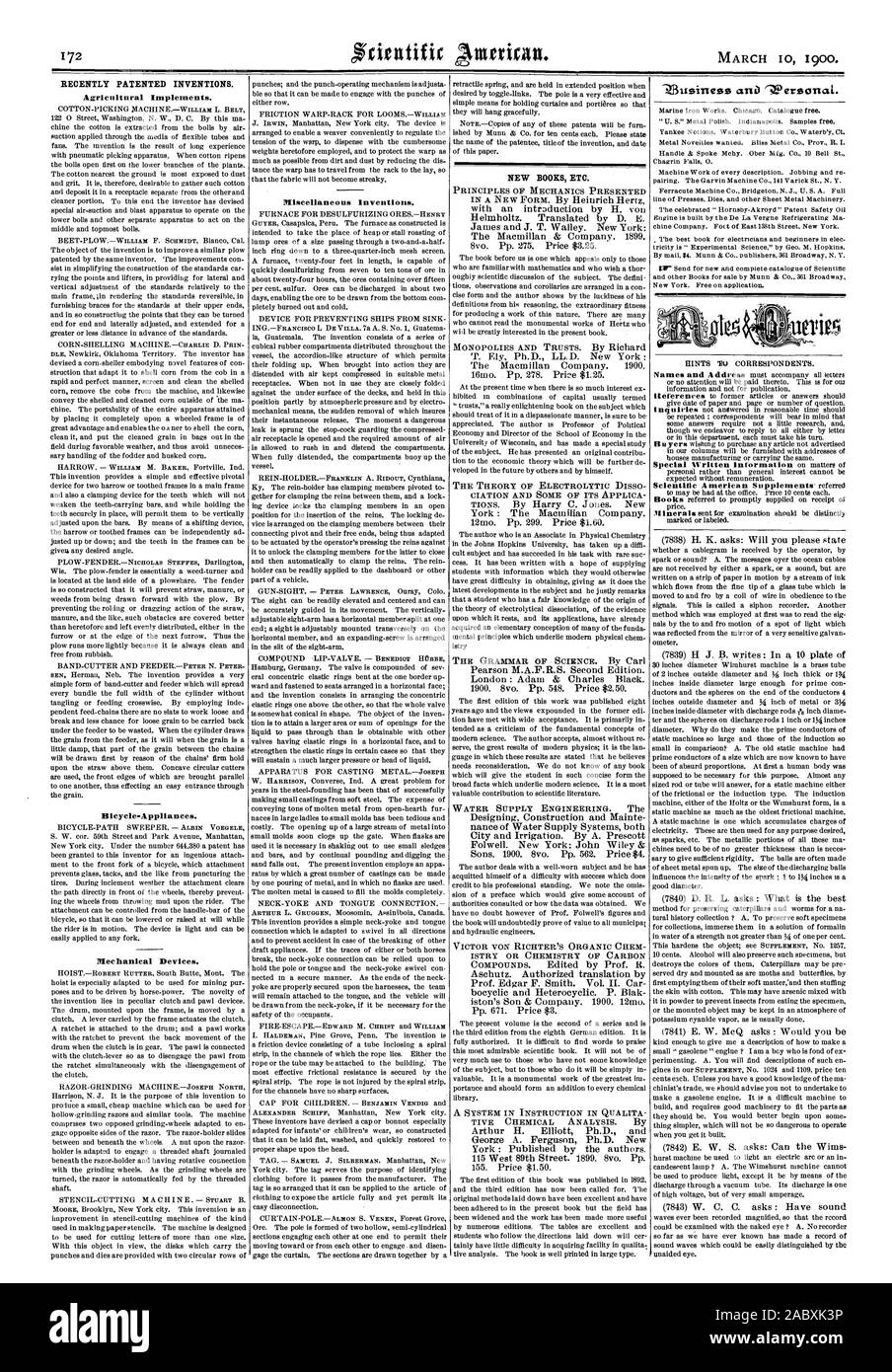 Recientemente, las invenciones patentadas. Implementos Agrícolas. Bicycle-Appliances. Dispositivos mecánicos. Varios inventos. Nuevos libros, etc. LA TEORÍA DE LA ELECTRÓLISIS DISSO ISTRY O QUÍMICA DE CARBONO CONSEJOS PARA CORRESPONSALES., Scientific American, 00-03-11 Foto de stock