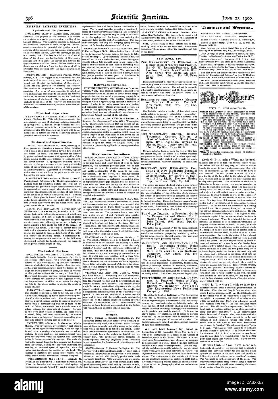 Recientemente, las invenciones patentadas. Implementos Agrícolas. Los aparatos eléctricos. Engineering-Improvements. Dispositivos mecánicos. Railway-Contrivances. Varios inventos. Diseños. Nuevos libros etc., Scientific American, 1900-06-11 Foto de stock