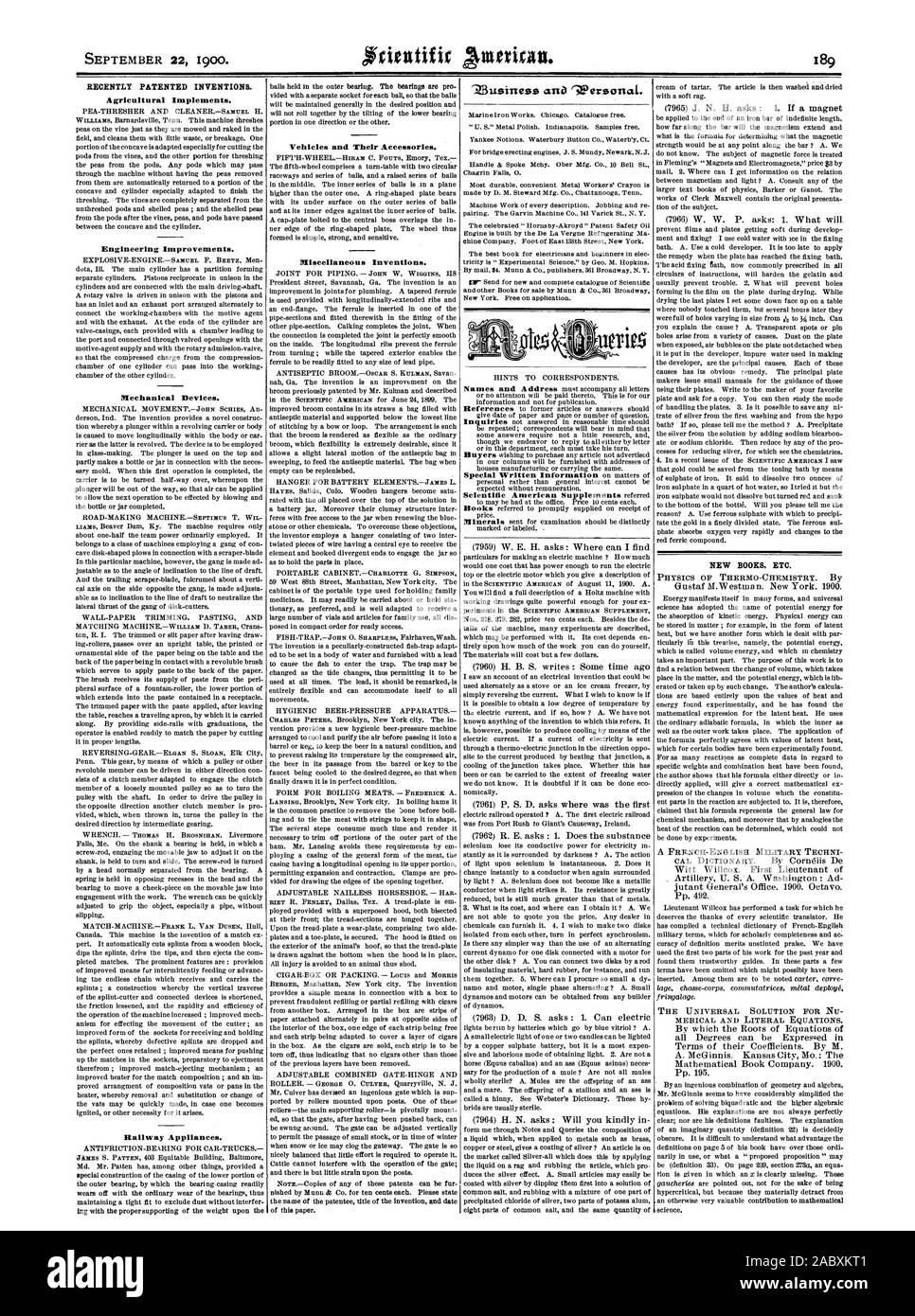 El 22 de septiembre de 1900. Recientemente, las invenciones patentadas. Implementos Agrícolas. Mejoras de ingeniería. Dispositivos mecánicos. Aparatos de ferrocarril. Los vehículos y sus accesorios. Varios inventos. Z3u9inezz 'Werzonal arta. Nuevos libros etc., Scientific American, 1900-09-22 Foto de stock