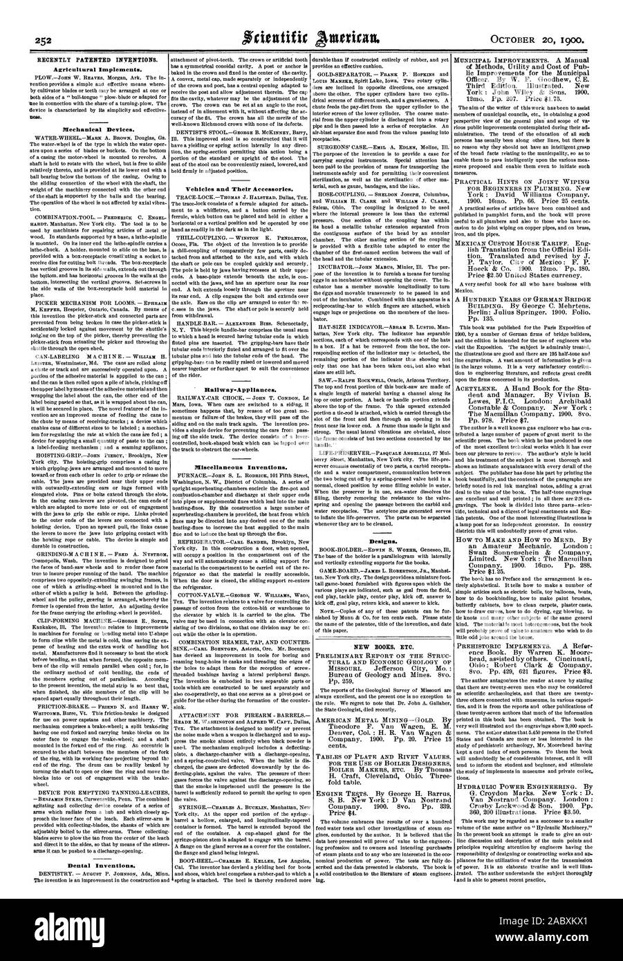 Recientemente, las invenciones patentadas. Implementos Agrícolas. Dispositivos mecánicos. Las invenciones dental. Los vehículos y sus accesorios. Hallway-Appliances. Varios inventos. Diseños. Nuevos libros etc., Scientific American, 1900-10-11 Foto de stock