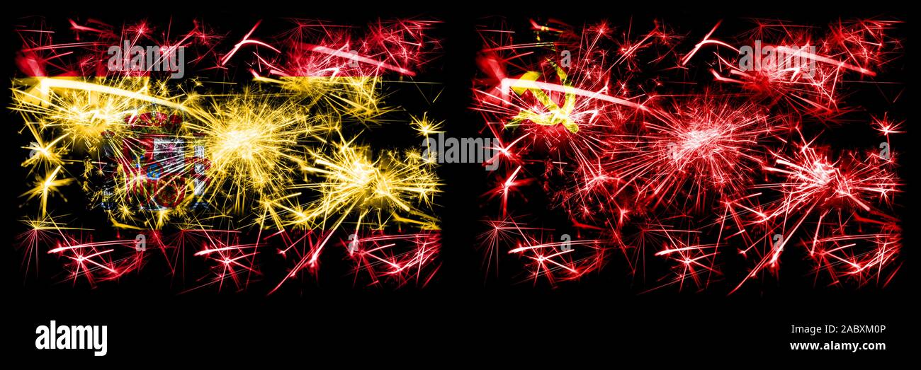 Español vs URSS comunista, celebración del Año Nuevo espumoso banderas fireworks concepto de fondo. Combinación de dos banderas de Estados abstractos. Foto de stock