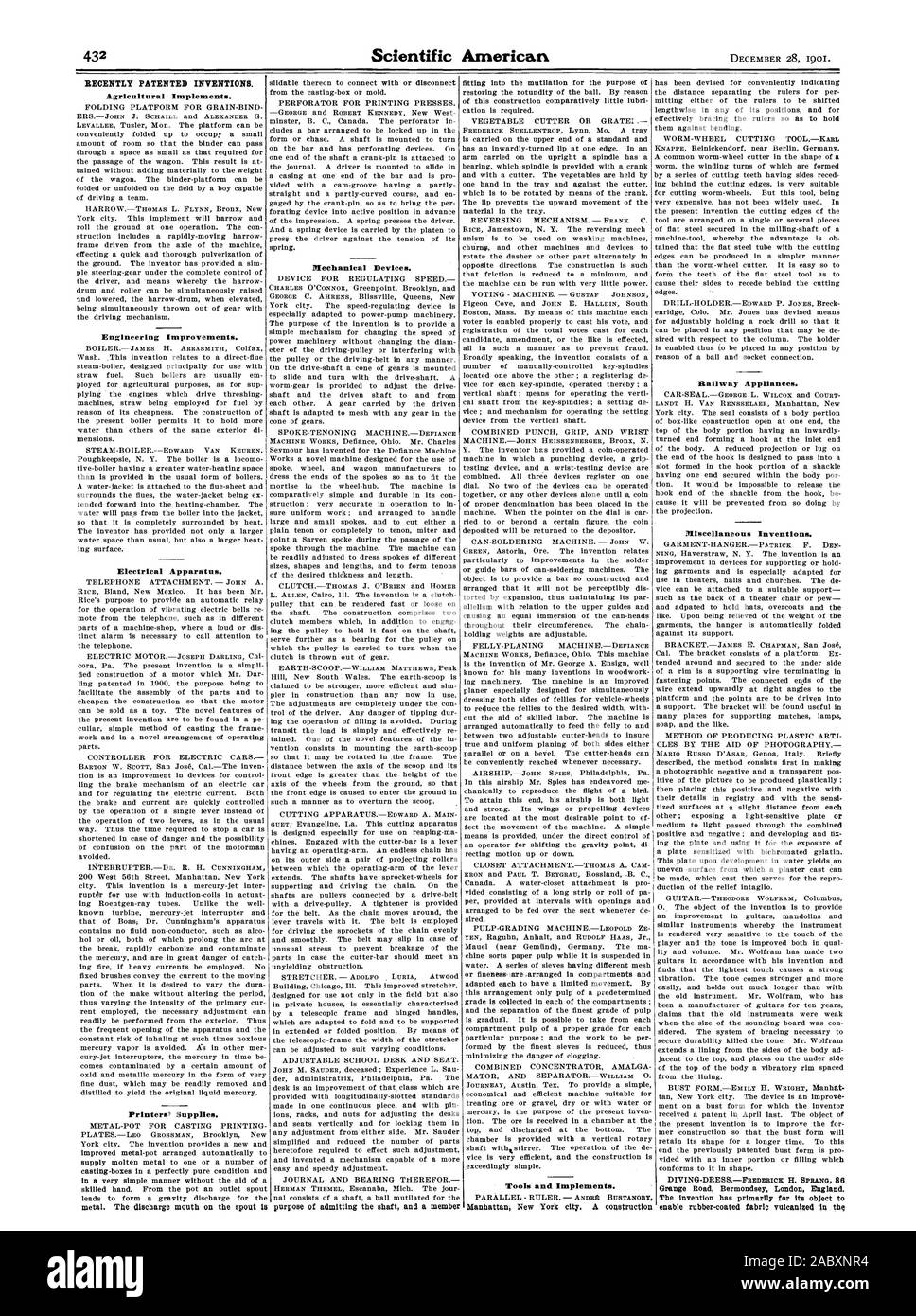 Recientemente, las invenciones patentadas. Implementos Agrícolas. Mejoras de ingeniería. Los aparatos eléctricos. Dispositivos mecánicos. Herramientas y aperos. Manhattan, ciudad de Nueva York un tren de construcción de aparatos. Varios inventos. Grange Road Bermondsey Londres Inglaterra., Scientific American, 1901-12-11 Foto de stock