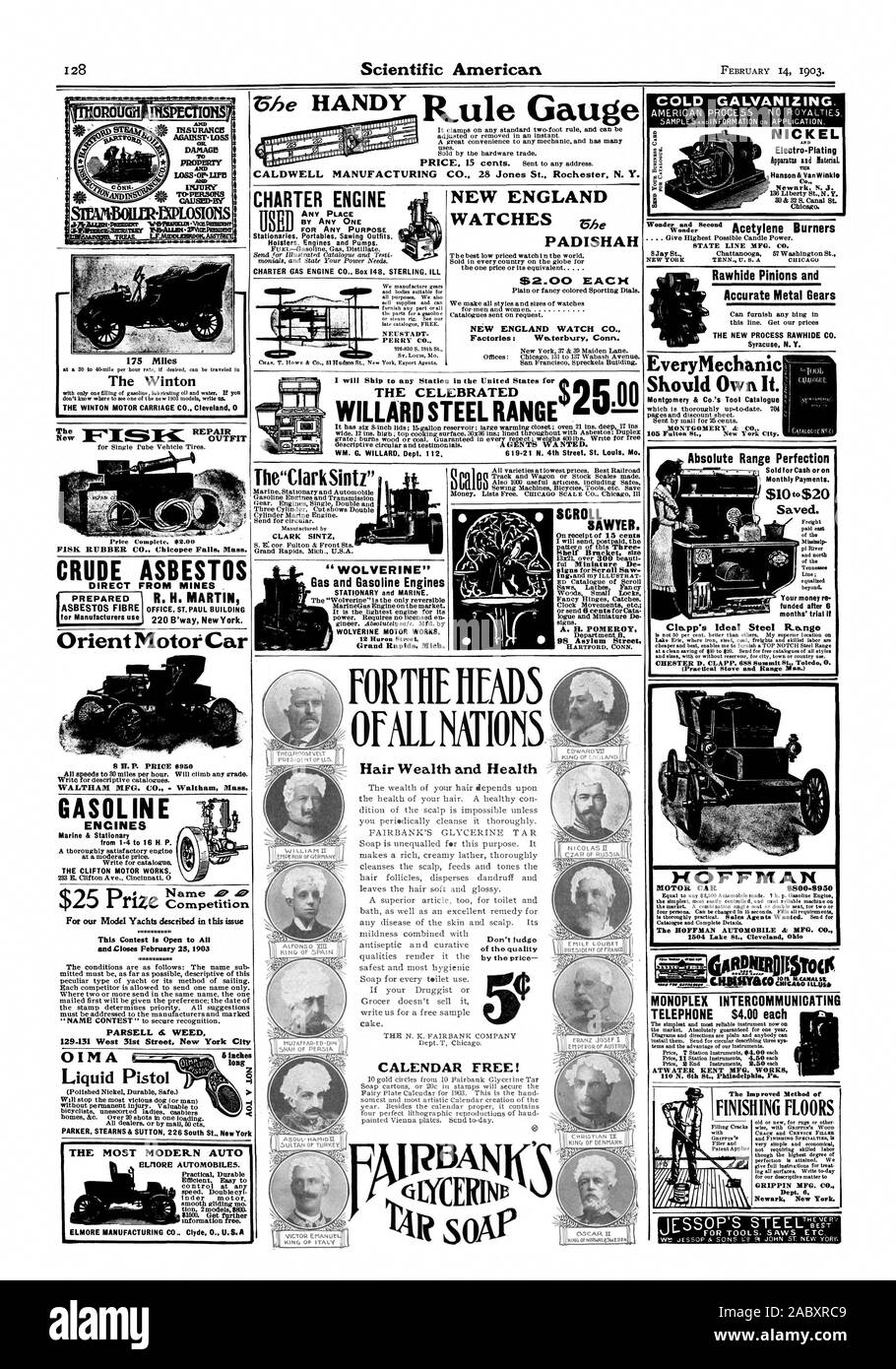 Scientific American MOTOR CHARTER POR CUALQUIERA PARA CUALQUIER PROPÓSITO Stationaries. Sierras portátiles trajes. Fundas. Motores y bombas. PERRY CO. 'WOLVERINE' gas y gasolina motores estacionarios y marinos. WOLVERINE MOTOR FUNCIONA de Grand Rapids, Michigan 99 FORME ITADS ()caen unidas Secador de riqueza y salud pastel. Por el precio calendario libre! 6L(CERlw AIRBANic jabón el célebre WILLARD Gama acero ,00 WM. G. WILLARD Dept. 2 619-21 N. 4th Street St. Louis Missouri. La'ClarkSintz CLARK SINTZ 175 millas el Winton EL WINTON CARRO MOTOR CO. de Cleveland. 0 traje nuevo crudo DIRECTAMENTE DESDE LAS MINAS de amianto . Preparado Foto de stock