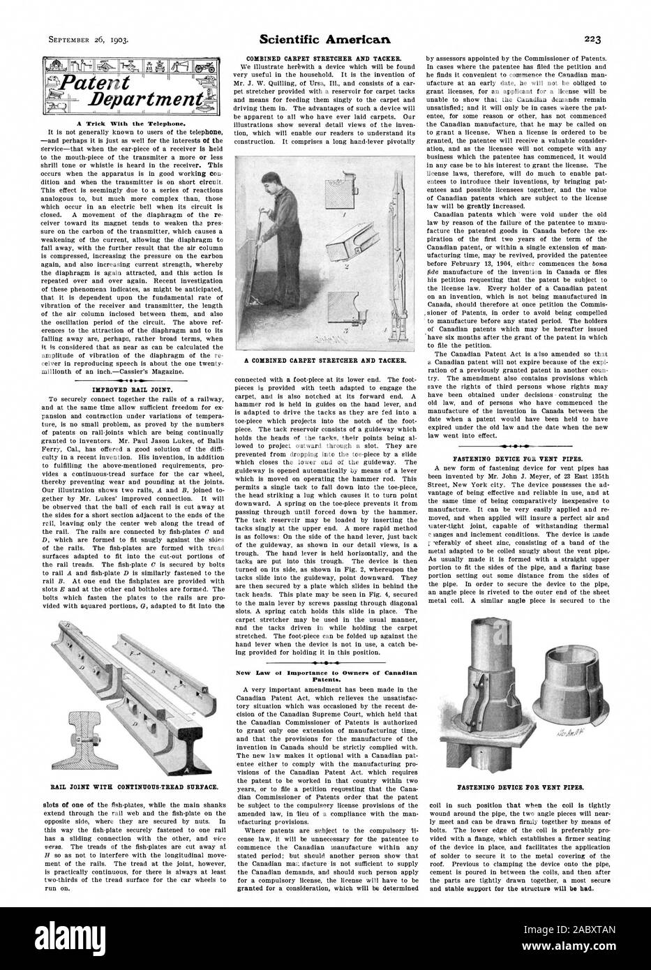 Un truco con el teléfono. Nueva Ley ot importancia a los propietarios de las patentes canadienses. Bepartmentit patentes, Scientific American, 1903-09-26 Foto de stock