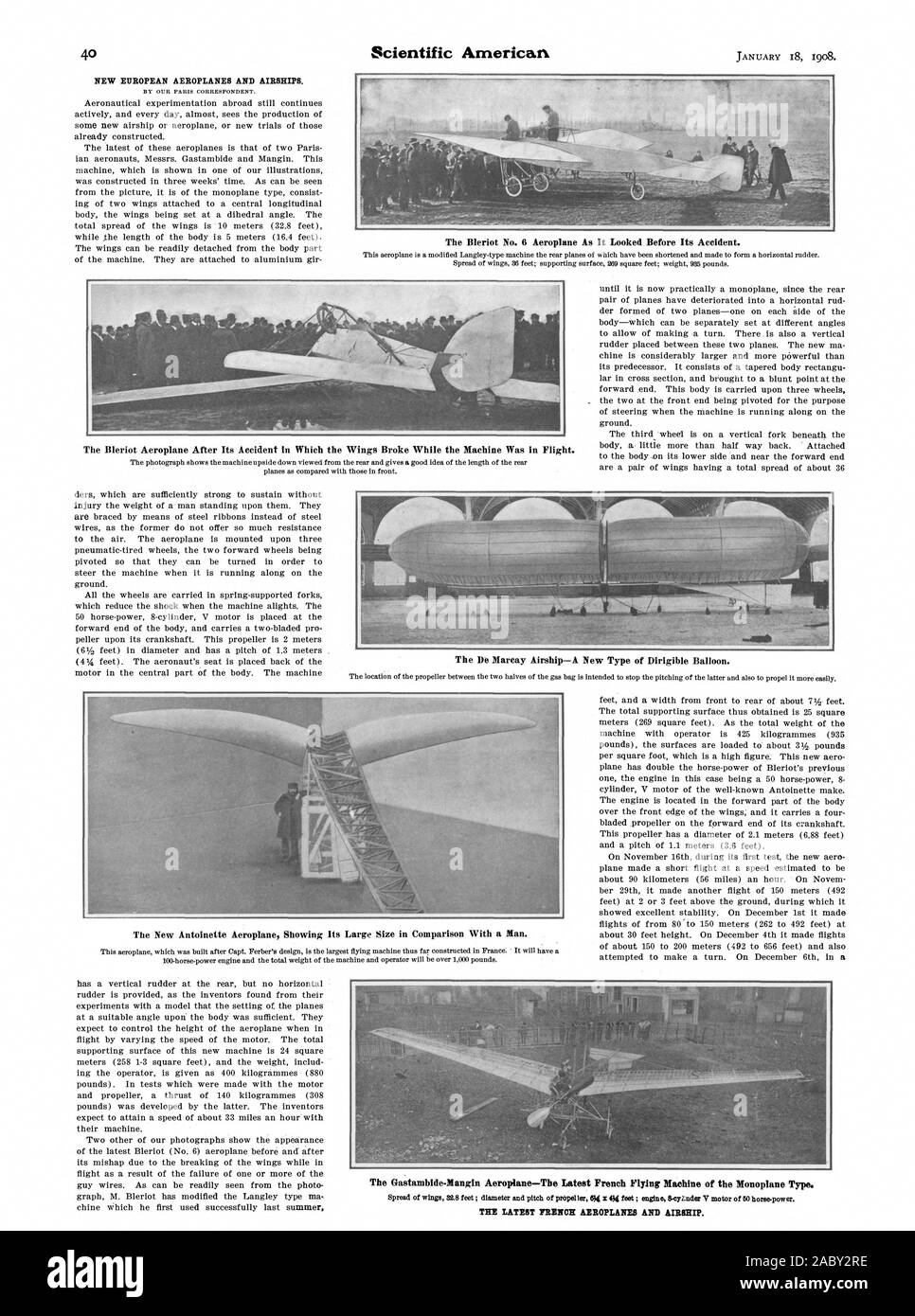 El avión Bleriot nº 6 tal como era antes de su accidente. El avión Bleriot tras su accidente en el cual las alas se rompieron mientras la máquina estaba en vuelo. El Dirigible Marcay-Un nuevo tipo de globo dirigible. El nuevo avión Antoinette mostrando su gran tamaño en comparación con un hombre. El avión Gastambide-Mangin-Tbe última máquina voladora francés del tipo monoplano. Los últimos aviones franceses y dirigible., Scientific American, 1908-01-18 Foto de stock