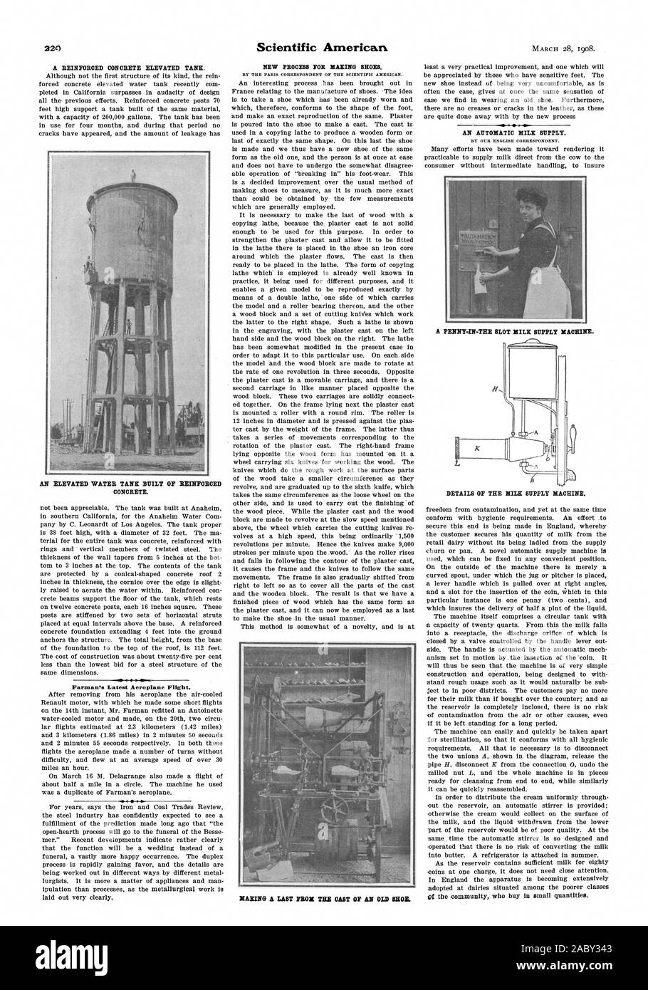 Un tanque elevado de hormigón armado. Un tanque de agua elevado construido  de hormigón armado. Farman del último avión. Nuevo proceso para la  fabricación de zapatos. MARINO 6 últimos de TED OAST