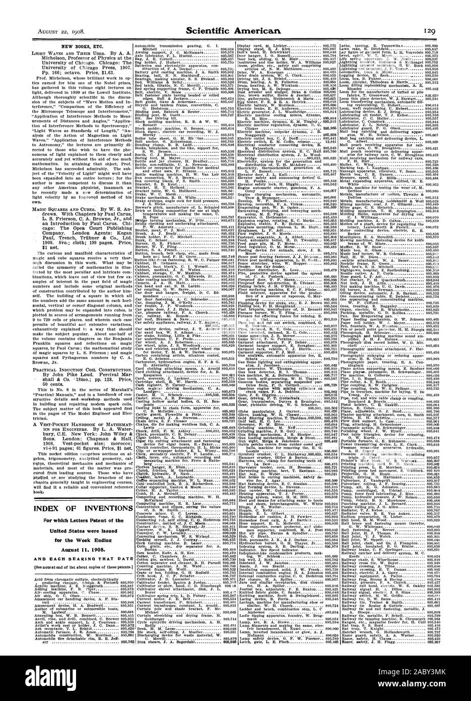 Índice de inventos por qué cartas patentes de los Estados Unidos fueron emitidos durante la semana Endinz Auzust . 1908., Scientific American, 1908-08-22 Foto de stock