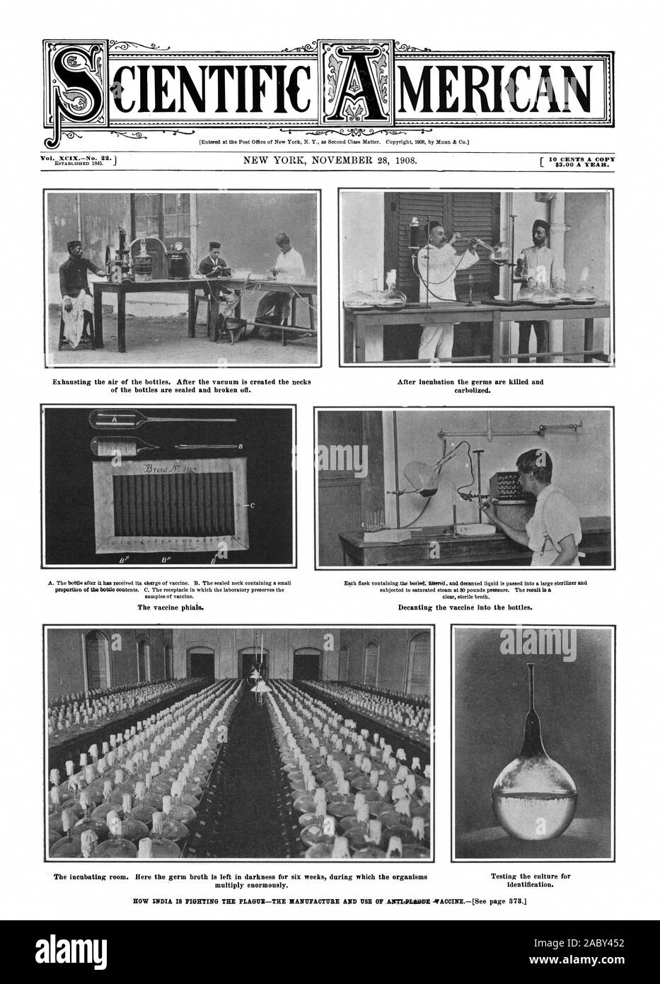 Agotar el aire de las botellas. Después de que el vacío se crea el cuello después de la incubación se matan los gérmenes y científico MERICA, Scientific American, 1908-11-28 Foto de stock