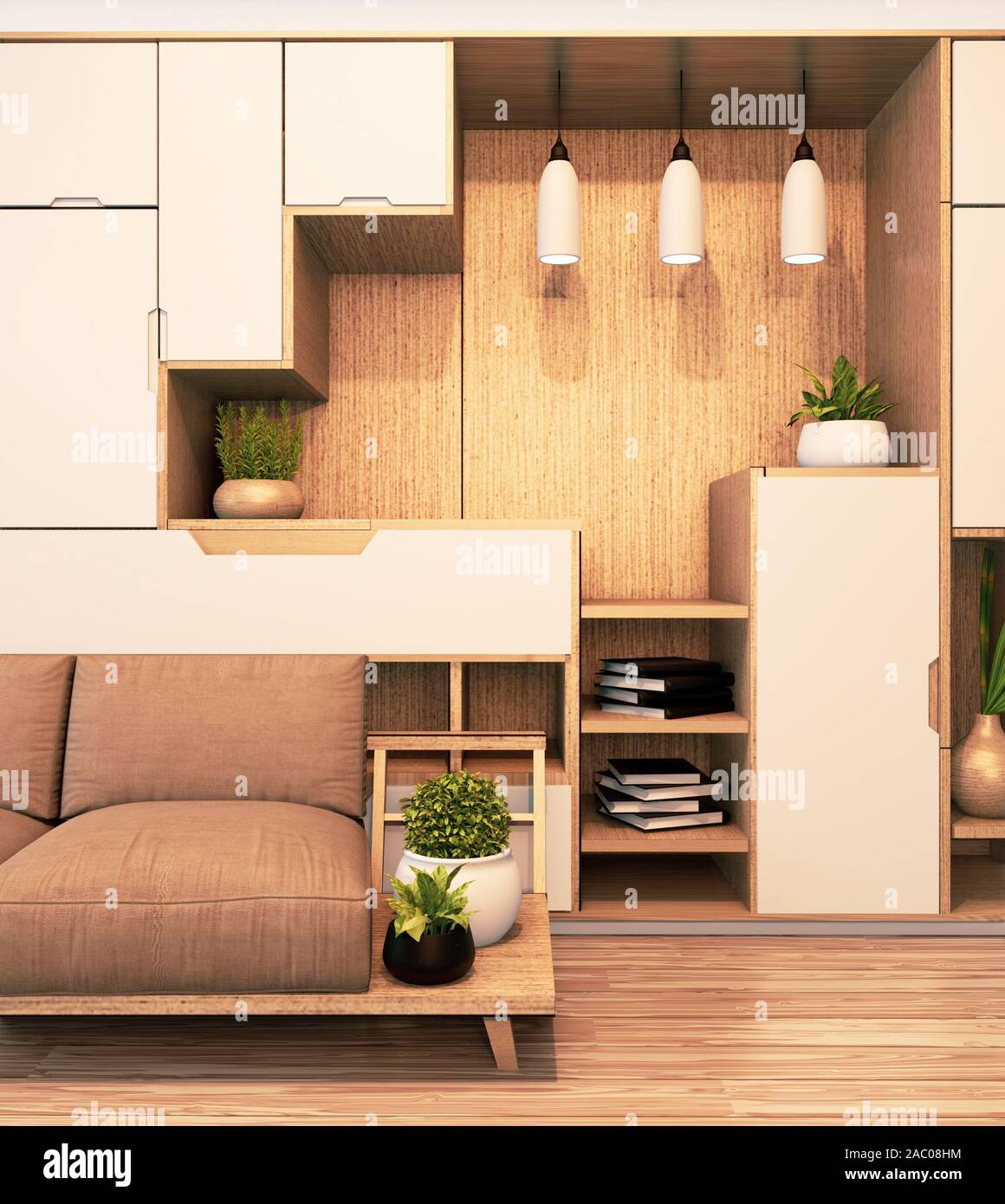 Armario de madera estilo japonés moderno sofá y sillón en madera sala vacía  mínima interior.3D rendering Fotografía de stock - Alamy