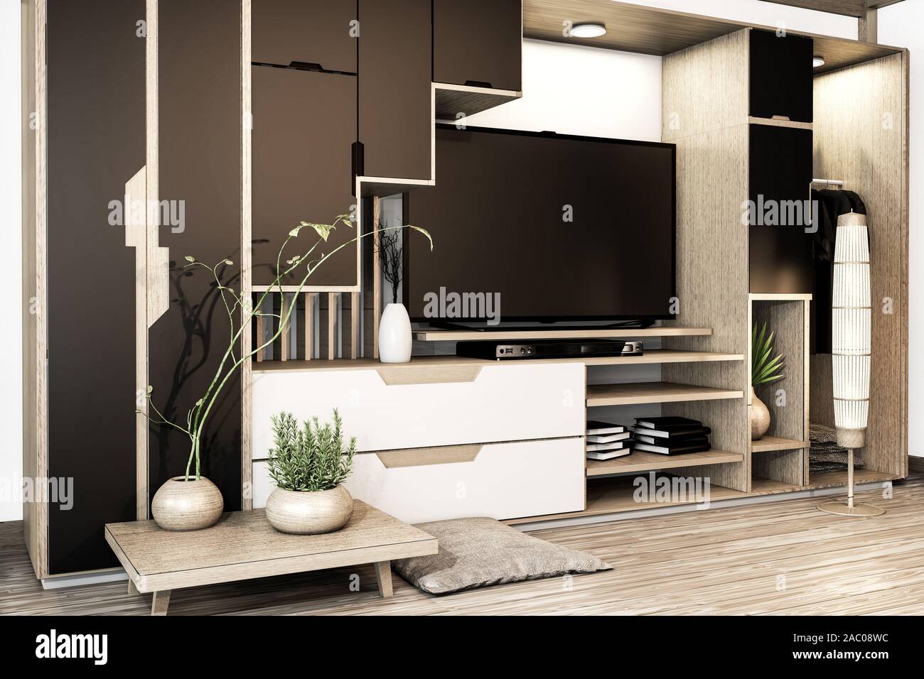 Blanco y negro mix tv armario ropero estantería de madera y plantas de  decoración de estilo japonés en la estantería.3D rendering Fotografía de  stock - Alamy