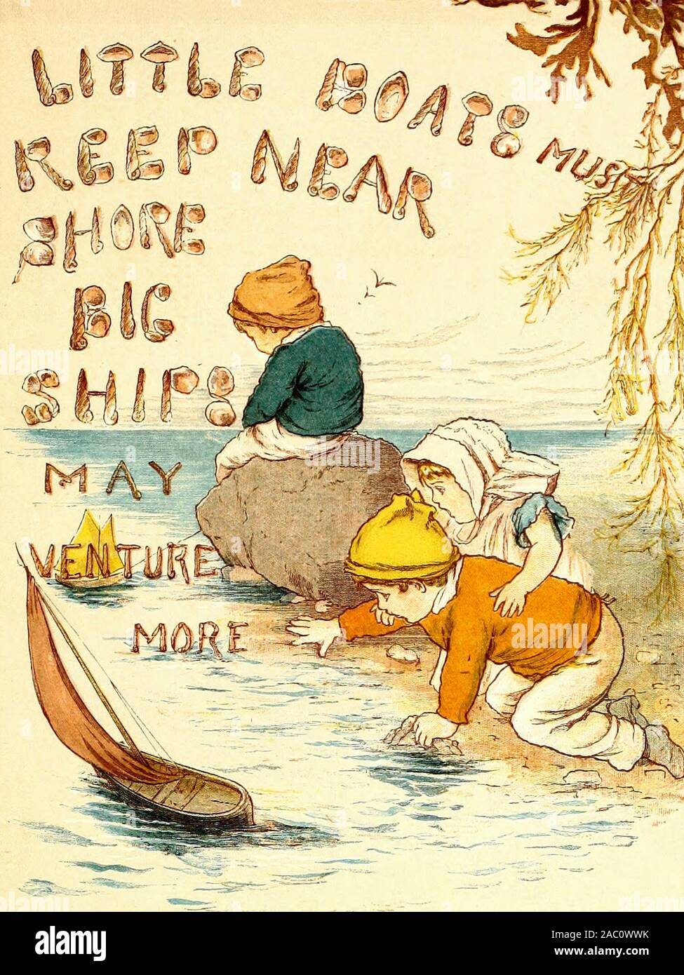 Pequeños botes debe mantenerse cerca de la costa, grandes buques puede aventurarse más - una ilustración vintage de un viejo proverbio Foto de stock