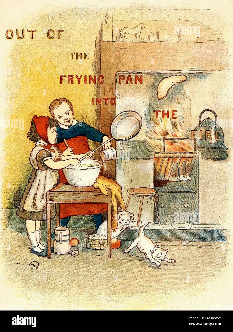 Fuera de la sartén al fuego - una ilustración vintage de un viejo proverbio Foto de stock