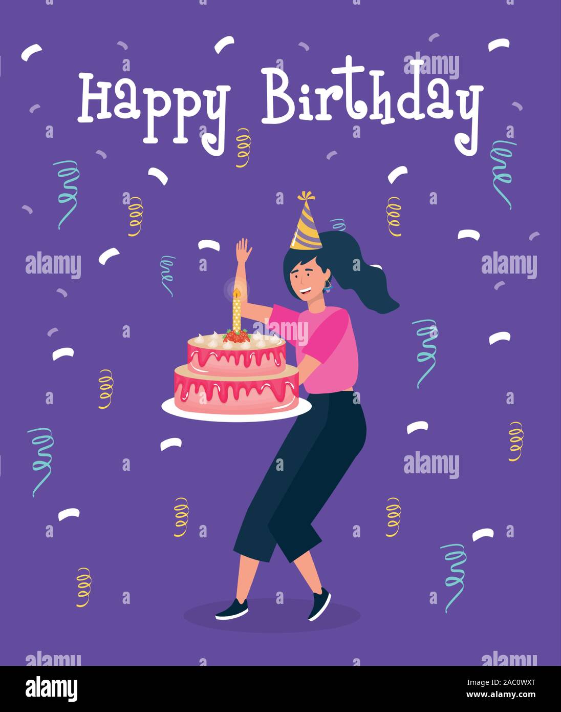 Feliz cumpleaños, Mujer con tarta y vela confetti fiestas decoración de  eventos ilustración vectorial Imagen Vector de stock - Alamy