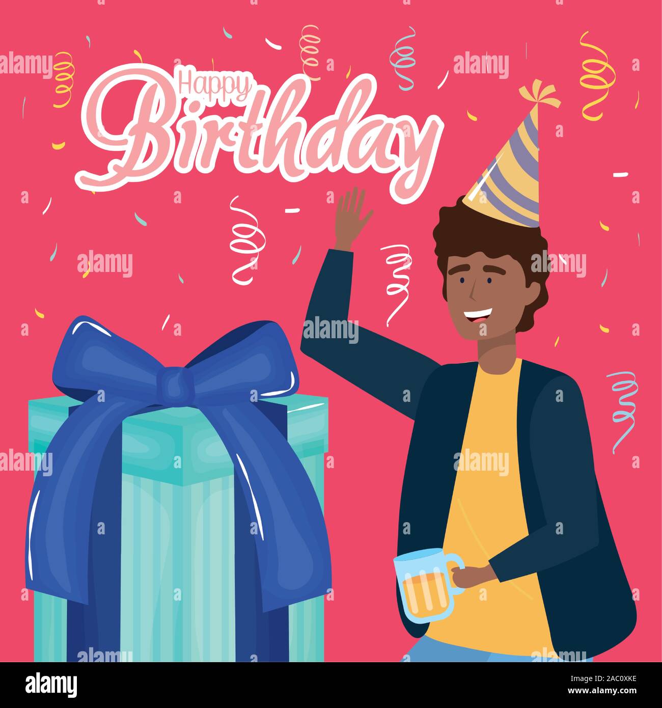 Feliz cumpleaños, hombre con gorro de fiesta regalo y decoración de eventos  de celebración de cerveza ilustración vectorial Imagen Vector de stock -  Alamy
