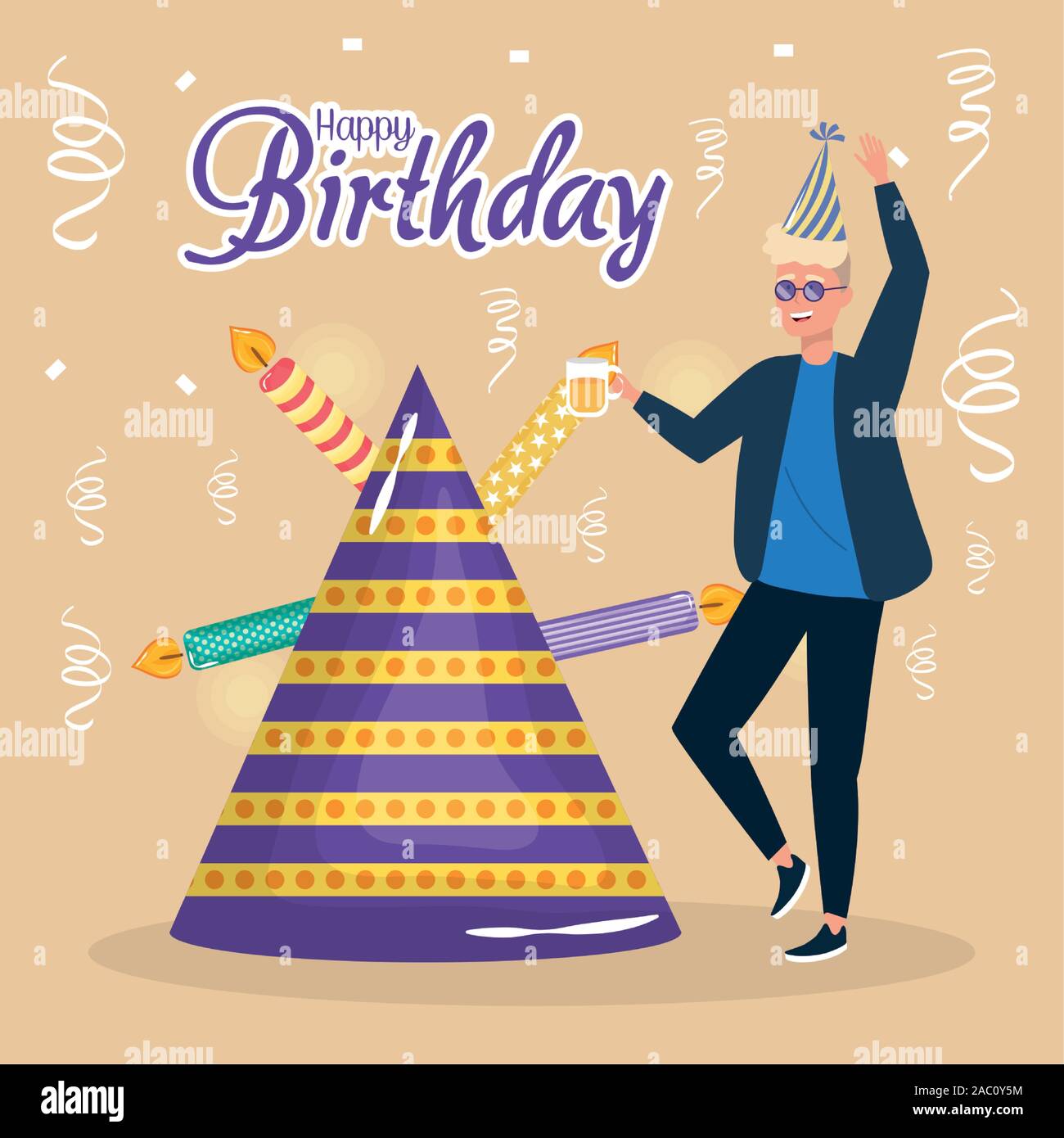 Feliz cumpleaños, hombre con gorro de fiesta y celebración de eventos velas  decoración ilustración vectorial Imagen Vector de stock - Alamy