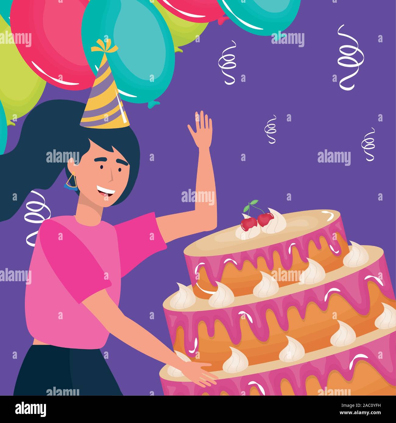 Feliz cumpleaños, mujer con gran pastel de frutas crema decoración de  eventos fiestas ilustración vectorial Imagen Vector de stock - Alamy