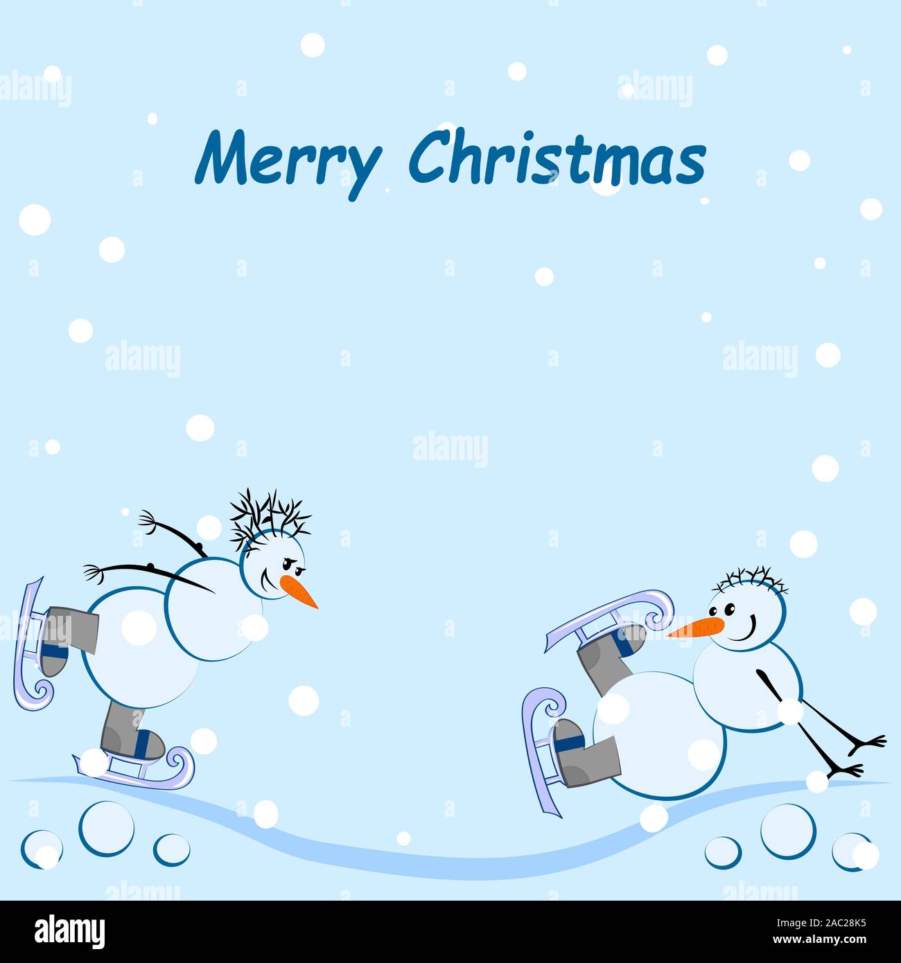 Feliz Navidad tarjeta cuadrada - dos muñecos de nieve, patinaje sobre hielo  nevando, hay un saludo inscripción Imagen Vector de stock - Alamy