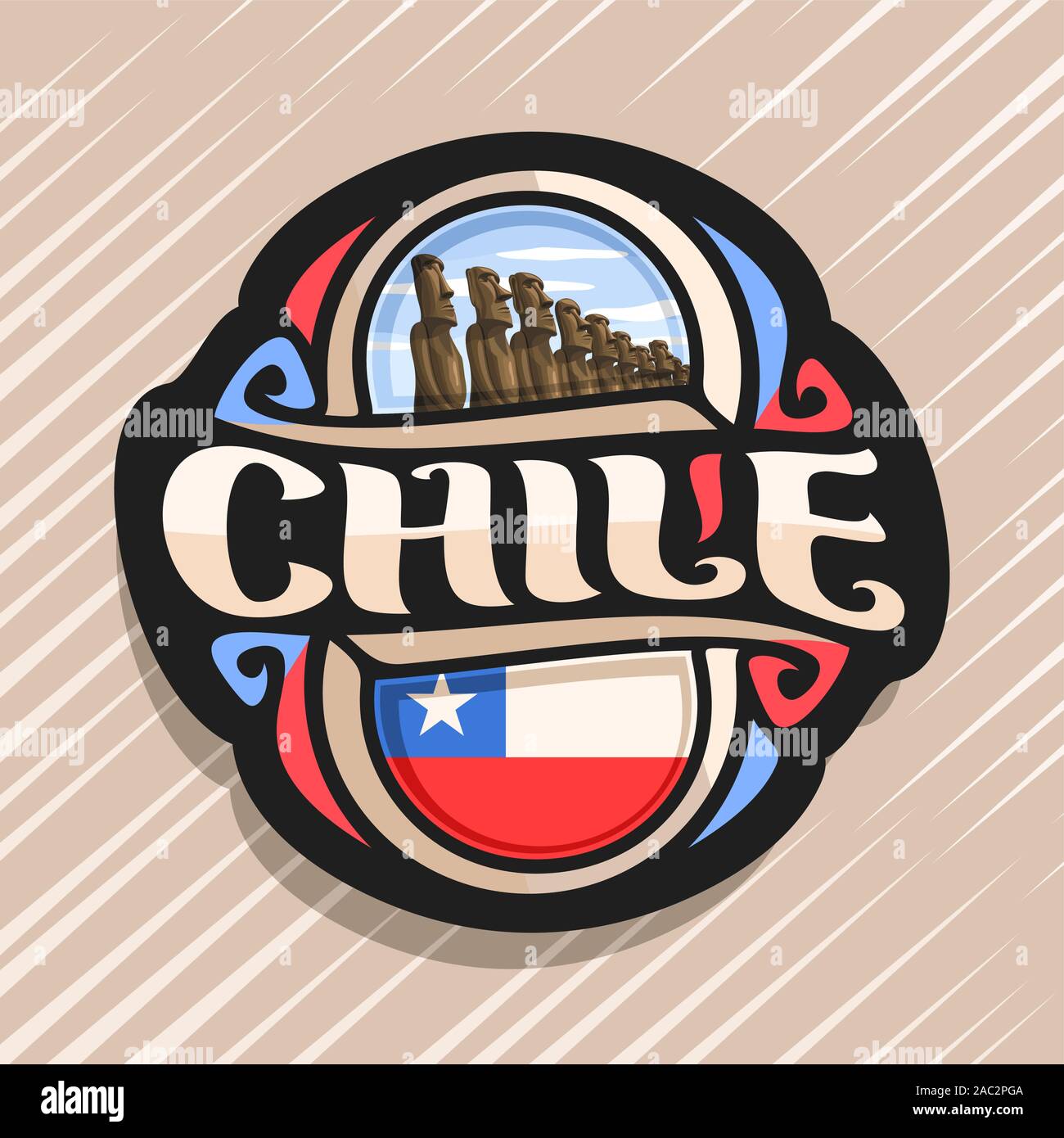 Vector logo para Chile País, imán de nevera con la bandera estatal chilena,  pincel original typeface para word chile y símbolo nacional chilena - moai  de piedra Imagen Vector de stock - Alamy