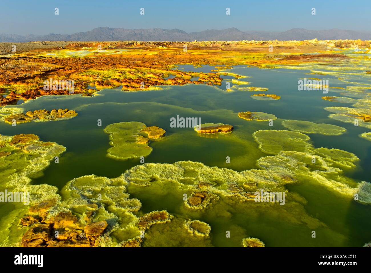 Sulfuros cristalizado en un ácido salmuera piscina, campo geotérmico de Dallol, la depresión Danakil, Triángulo de Afar, Etiopía Foto de stock