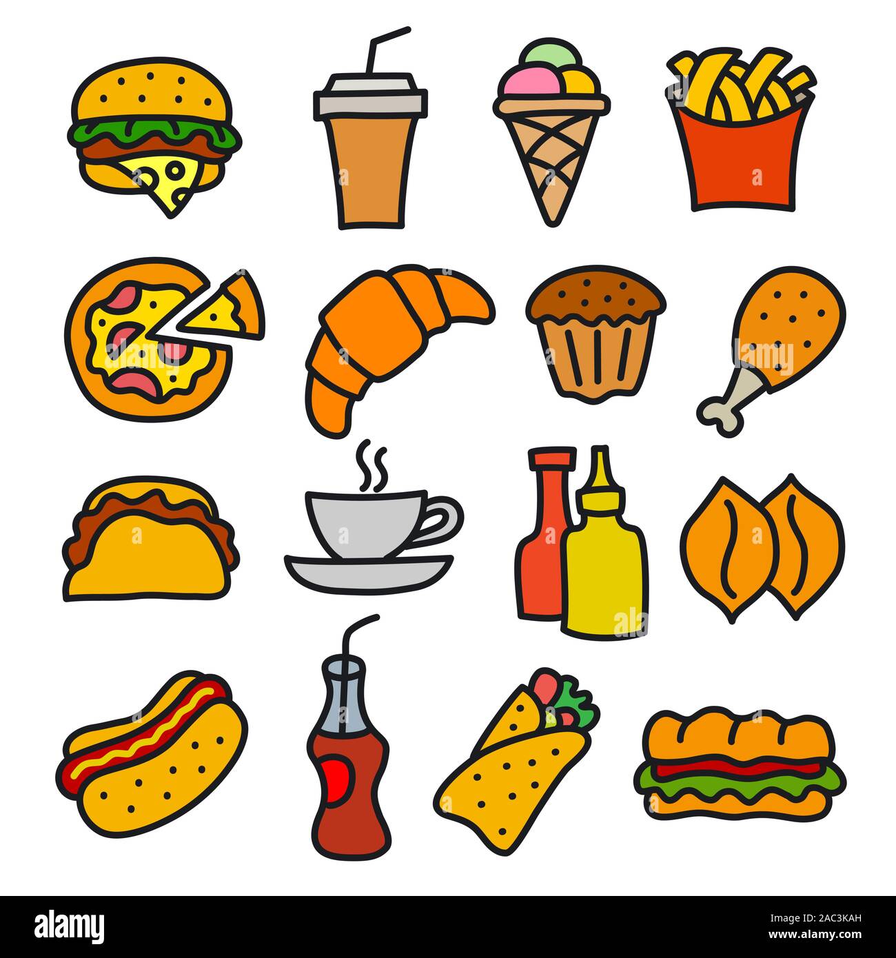 Ilustración de conjunto de iconos de comida rápida y signos de dibujos  Imagen Vector de stock - Alamy