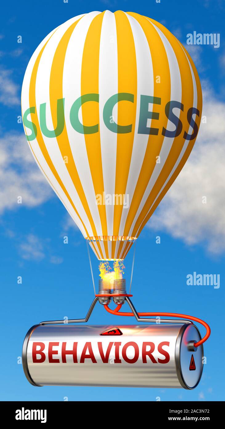 Comportamientos y éxito - muestra como palabra comportamientos en un tanque de combustible y un globo, para simbolizar que comportamientos contribuyen al éxito en los negocios y la vida, Foto de stock