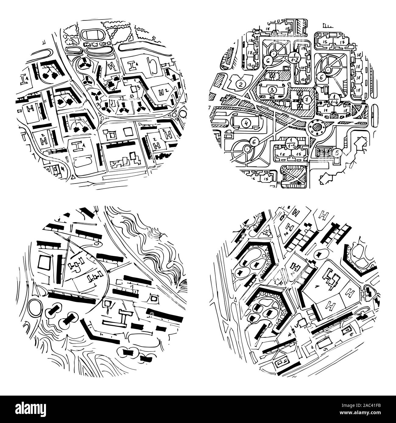 Tinta de arquitectura, construcción de fondo con el logotipo de doodle mapas. Conjunto de