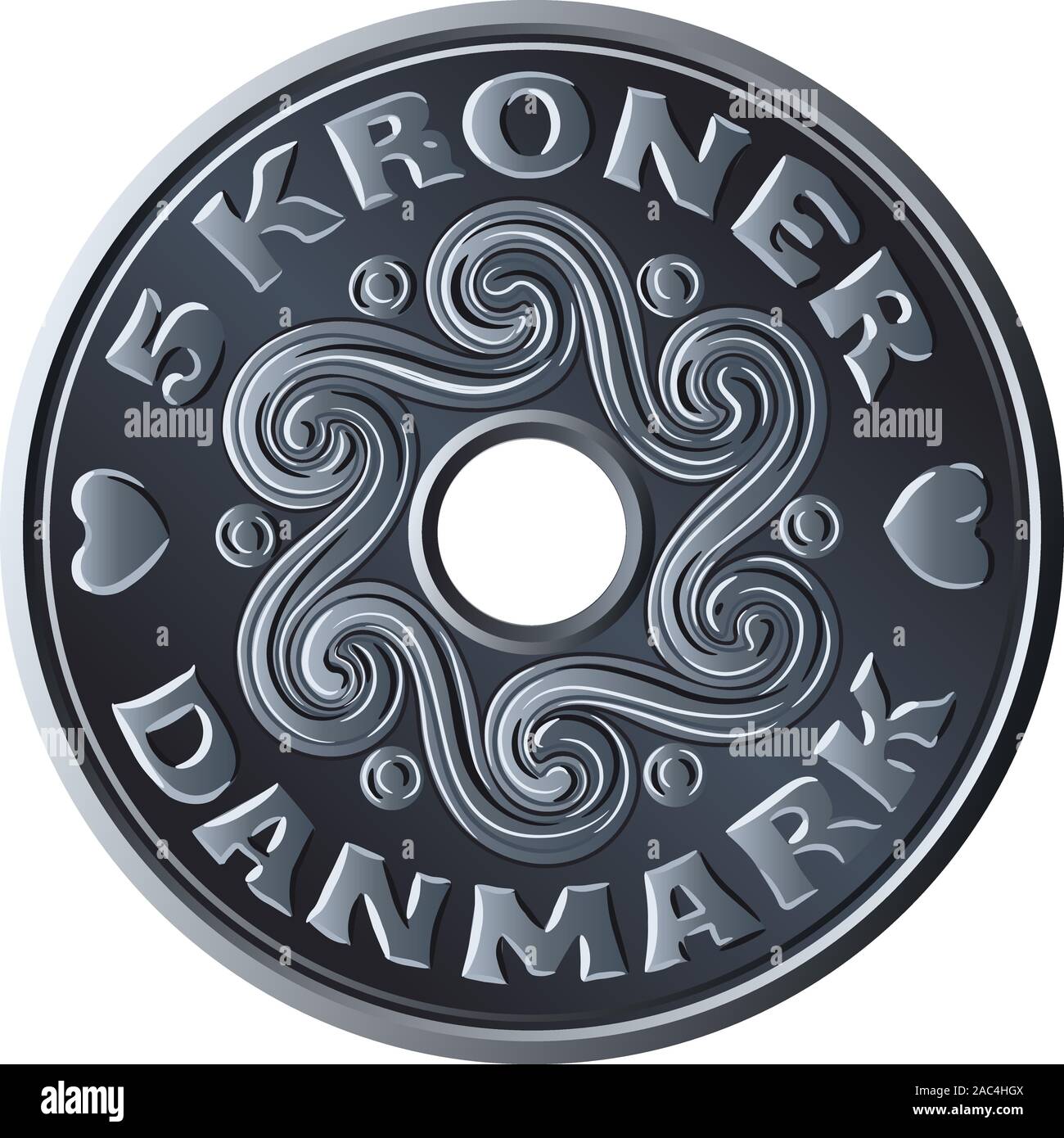 Cinco dinero danés krone moneda con agujero en el medio. Krone, moneda oficial de Dinamarca, Groenlandia y las Islas Feroe. Ilustración del Vector