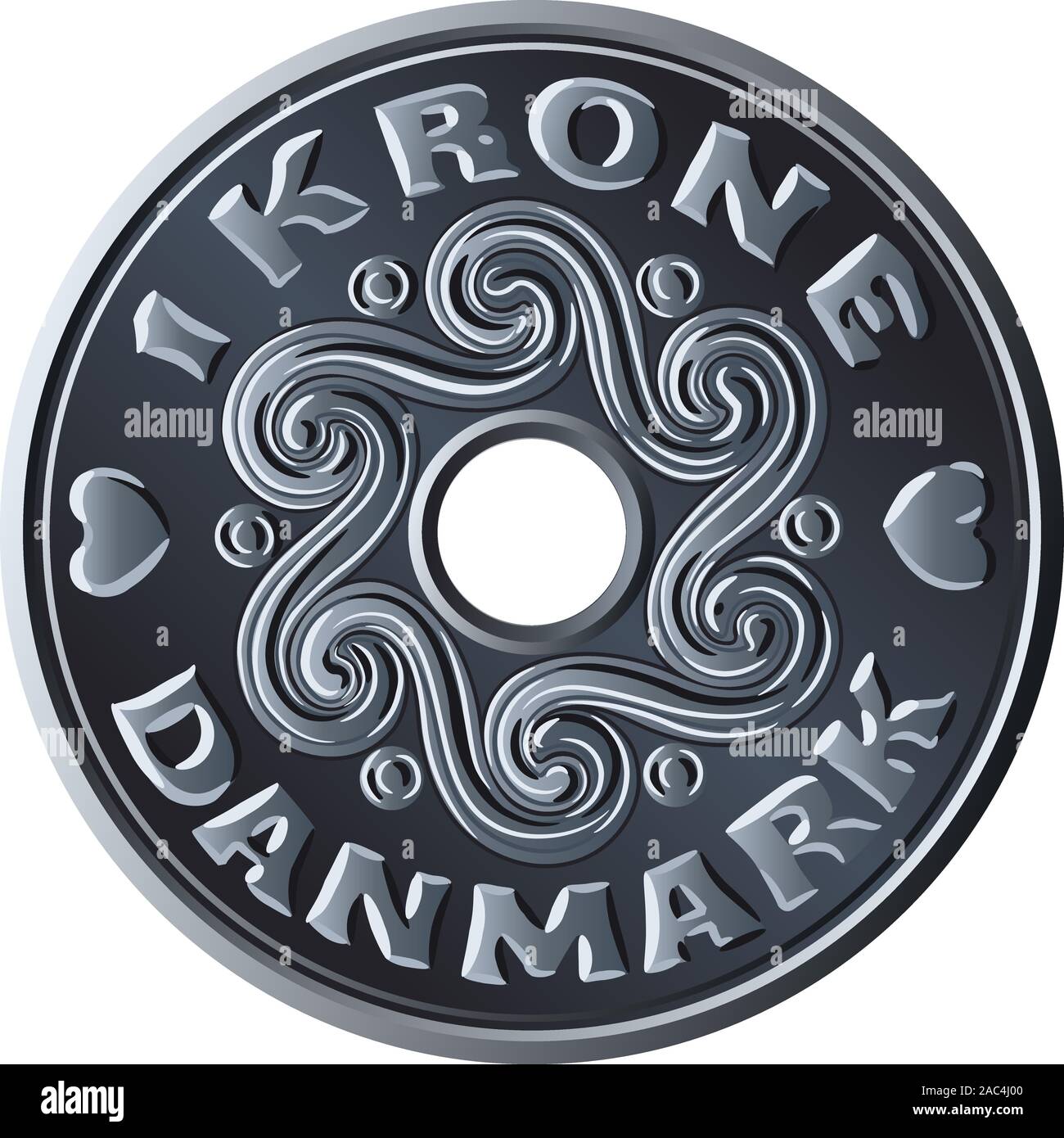 Dinero que uno danés krone moneda con agujero en el medio. Krone, moneda oficial de Dinamarca, Groenlandia y las Islas Feroe. Ilustración del Vector