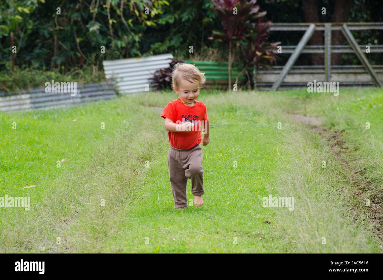 Un uno-año-viejo muchacho de la parte asiática jugando fuera discurre por un camino cubierto de hierba, Isla Grande. Foto de stock