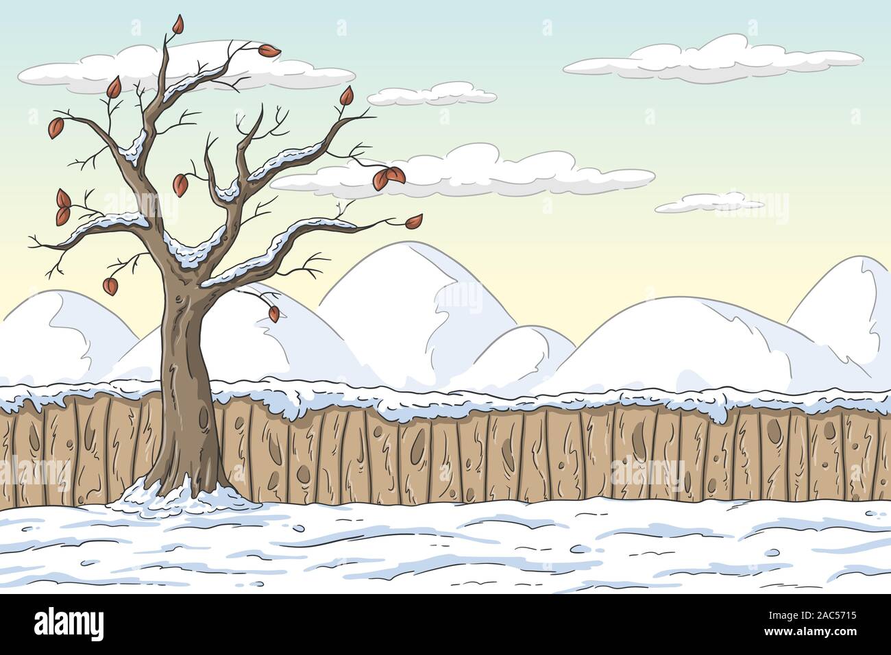 Paisaje invernal con valla y árbol. Ilustración vectorial dibujada a mano con capas separadas. Ilustración del Vector