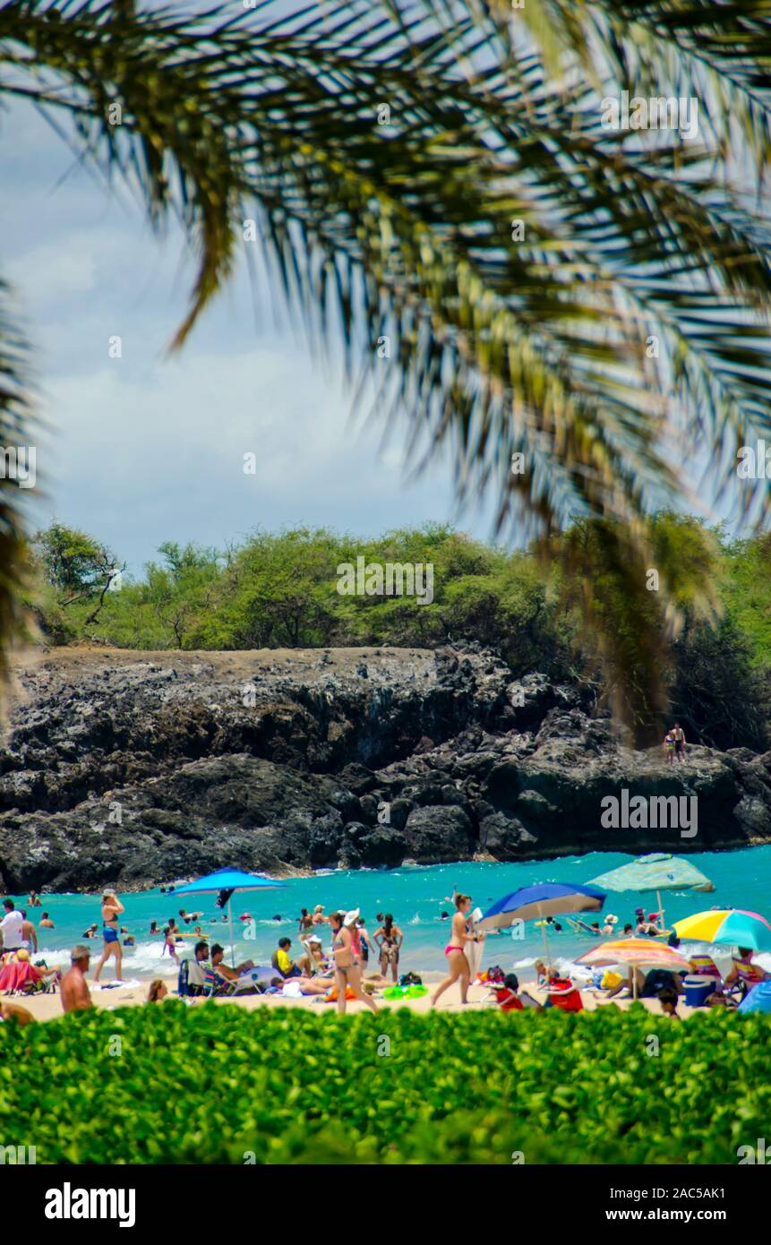 Las multitudes con sombrillas reunirse a mediodía en Hapuna Beach, a lo largo de la costa Kohala de la Isla Grande. Esta playa de arena blanca ha sido calificado como uno de los BES Foto de stock