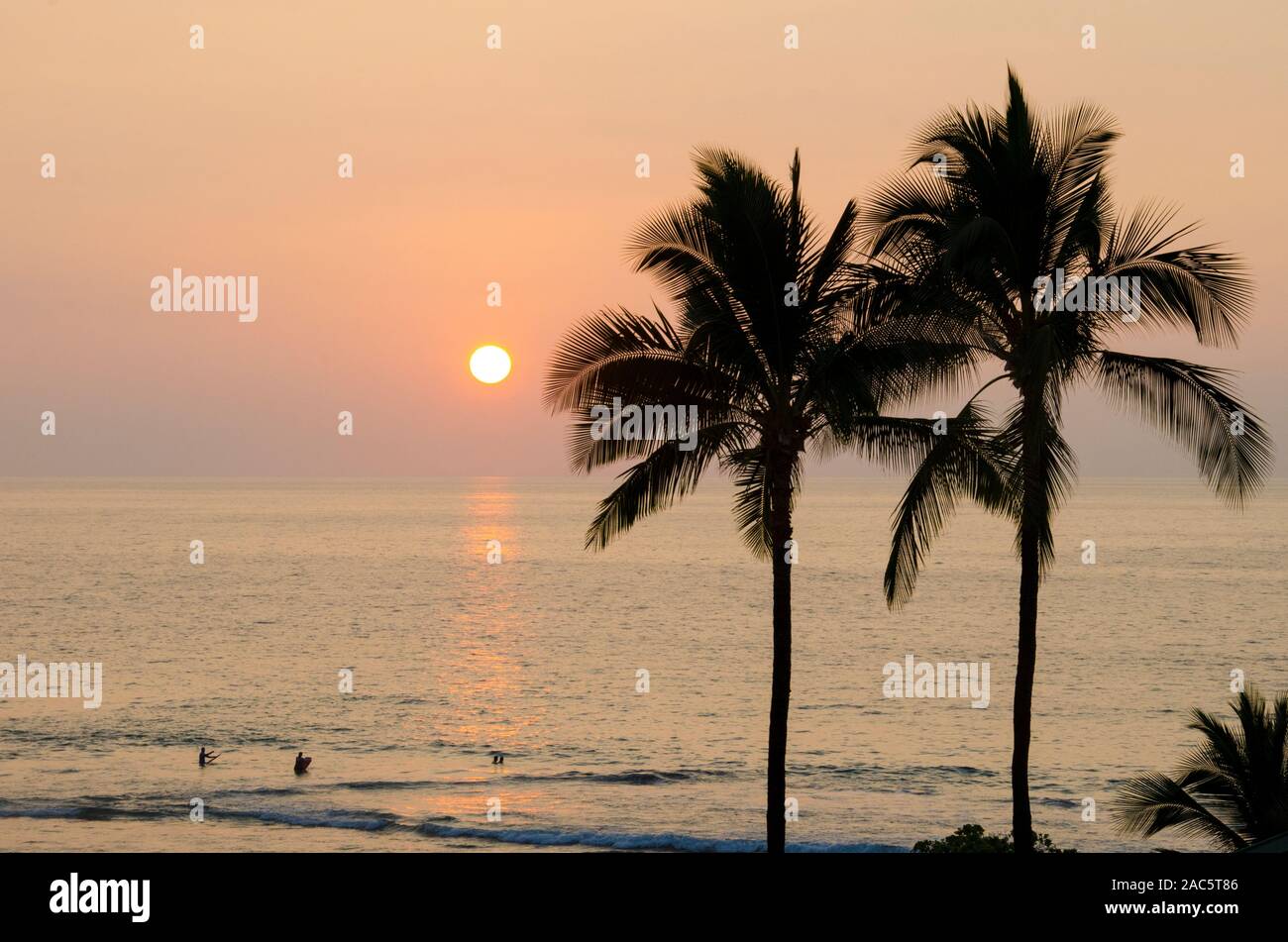 Un hermoso atardecer en el Hapuna Beach, con siluetas de palmeras y gente de mar, isla de Hawai'i. Foto de stock