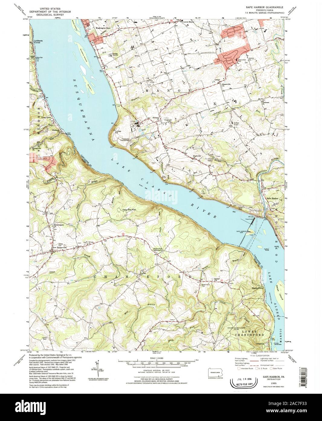 USGS Mapa TOPO Pennsylvania PA Safe Harbor 1995 223897 24000 Restauración Foto de stock
