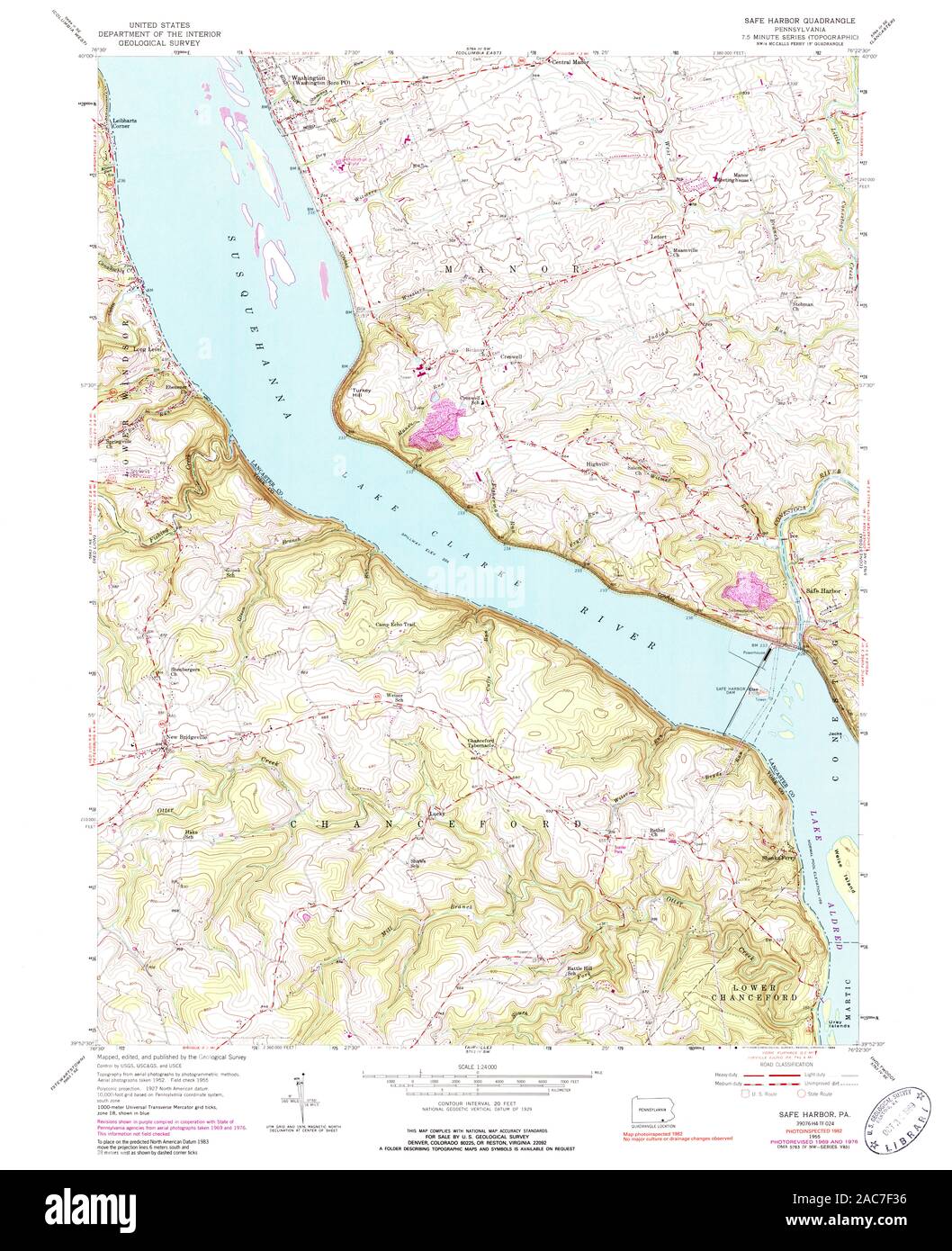 USGS Mapa TOPO Pennsylvania PA Safe Harbor 1955 461995 24000 Restauración Foto de stock