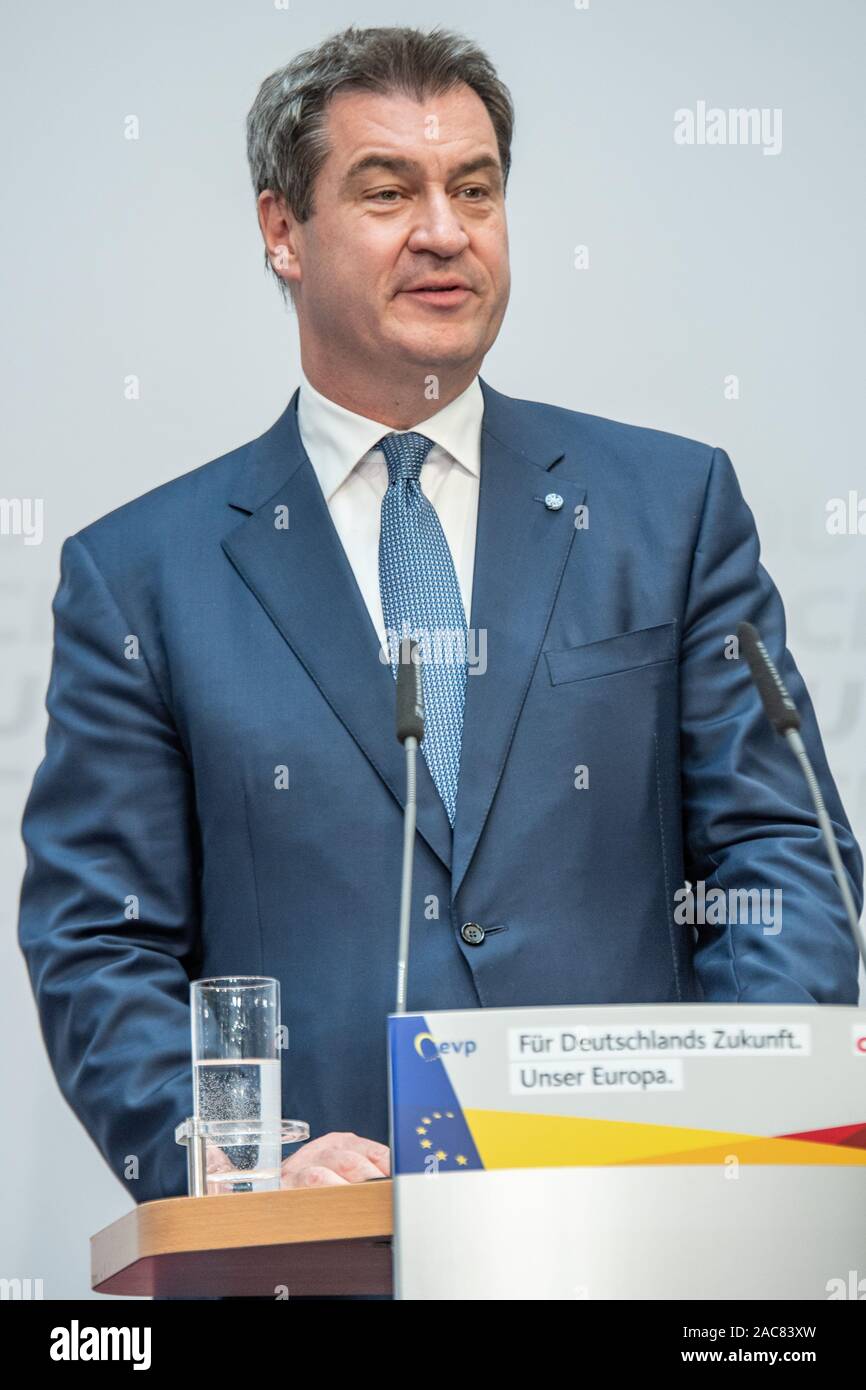 Markus Söder hablando en un evento electoral en mayo de 2019 en Berlín. Esta foto muestra a él hablando de la CDU resultados electorales como vinieron. Foto de stock