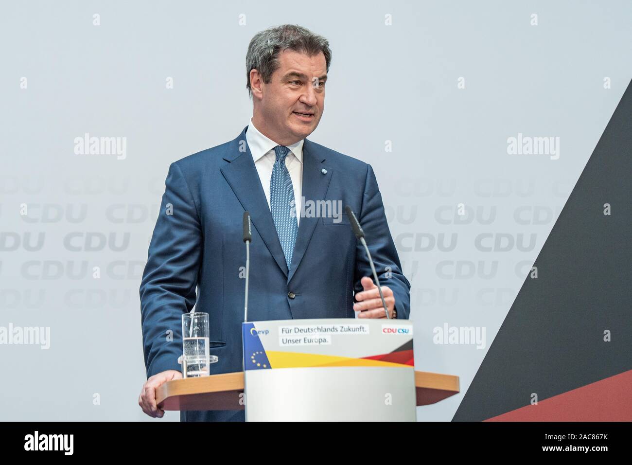 Markus Söder hablando en un evento electoral en mayo de 2019 en Berlín. Esta foto muestra a él hablando de la CDU resultados electorales como vinieron. Foto de stock