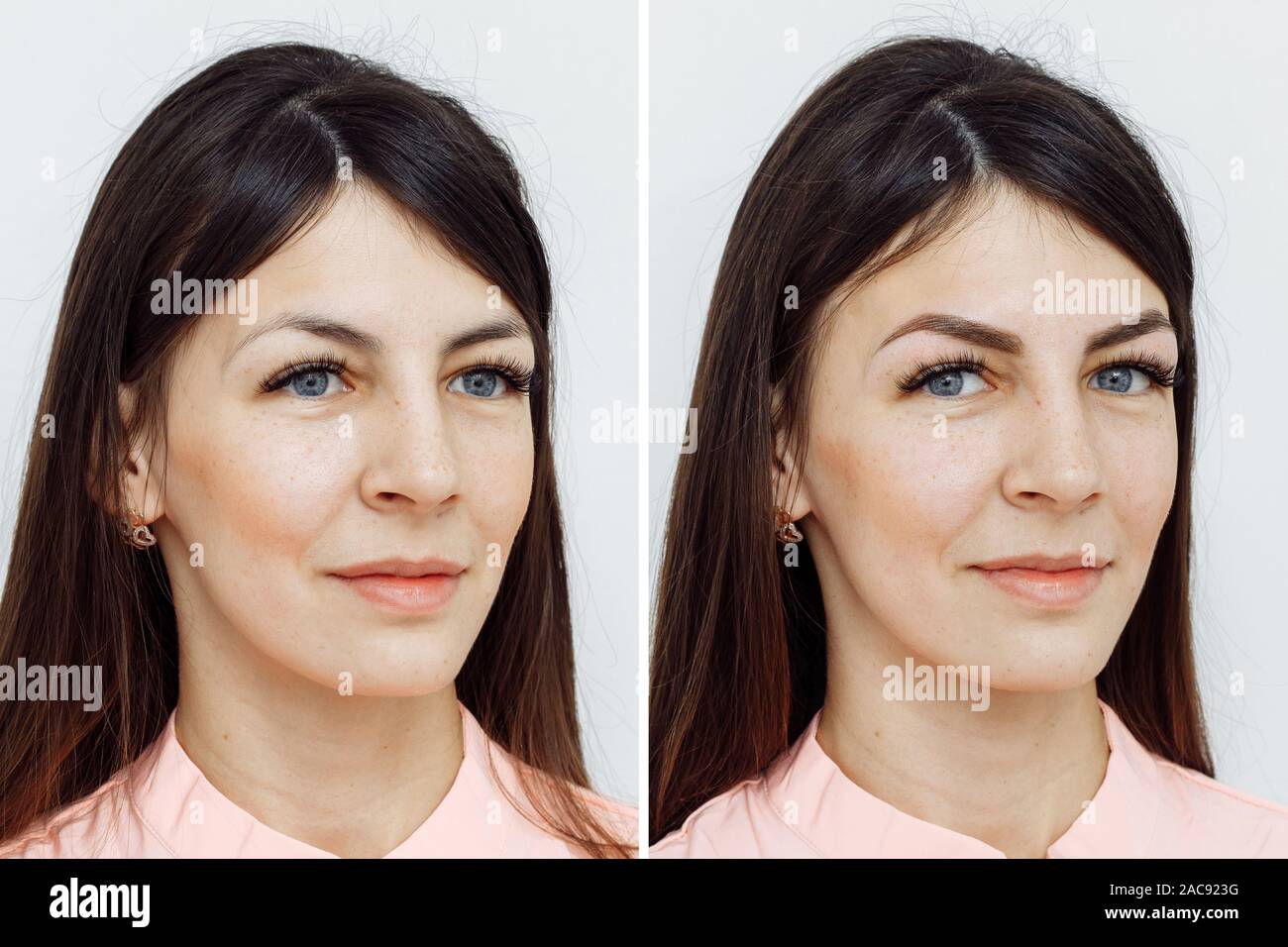 Comparación de fotos antes y después del maquillaje permanente, tatuajes de  cejas para mujer en el salón de belleza Fotografía de stock - Alamy