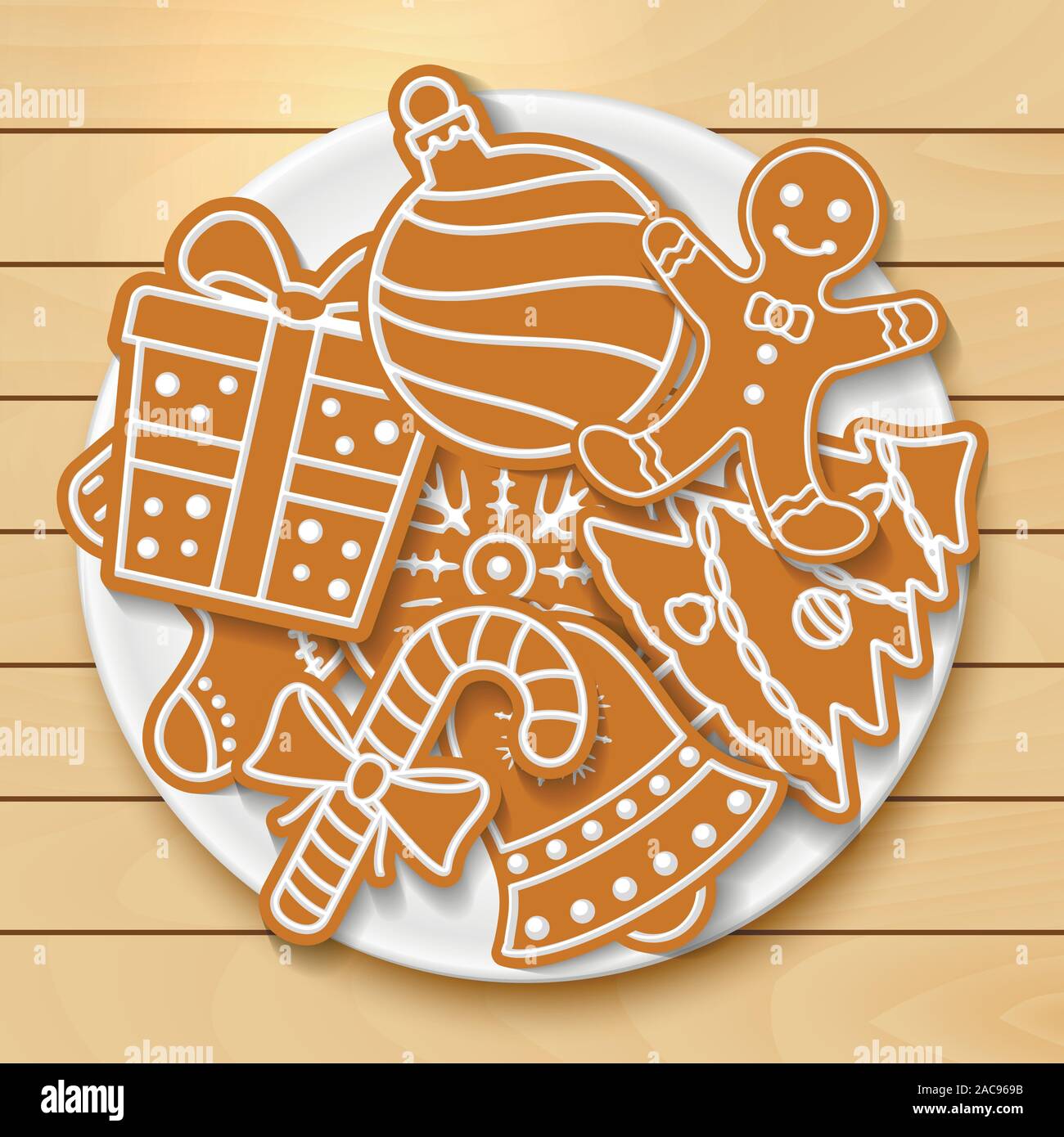 Placa con sabrosas galletas de Navidad sobre mesa de madera Ilustración del Vector