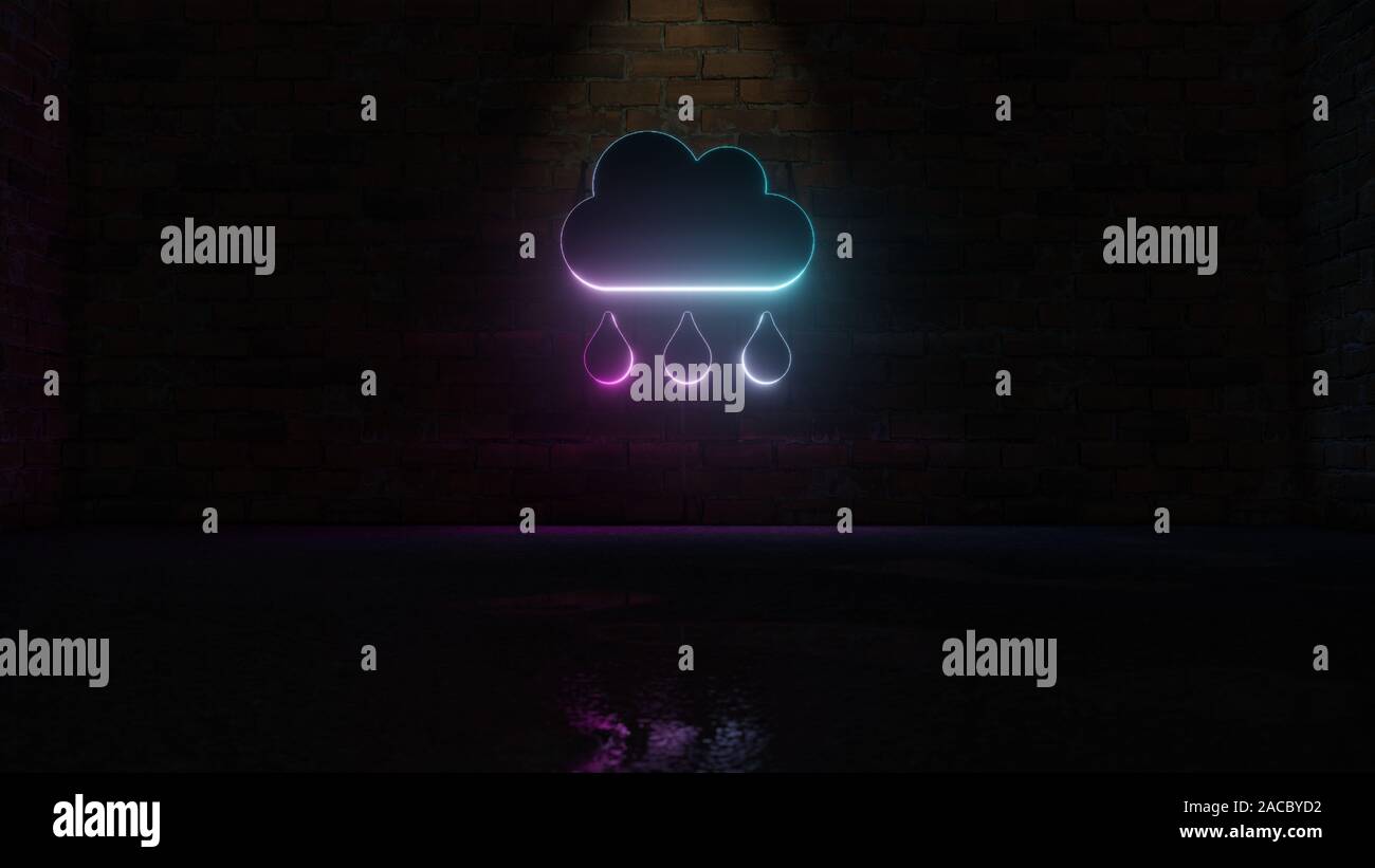 3D rendering de neón azul violeta símbolo de nube de lluvia con tres gotas en la pared de ladrillo oscuro con fondo húmedo reflexión borrosa Foto de stock