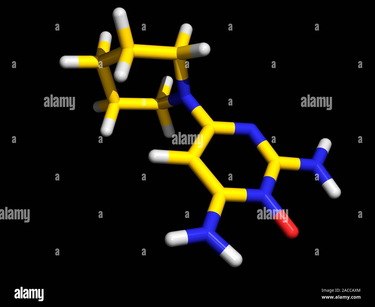 El Minoxidil molécula. El modelo de ordenador de una molécula de droga de  crecimiento del cabello minoxidil, también conocido por el nombre de la  marca Rogaine (C9.H15.N5.O). Los átomos (tubos Fotografía de