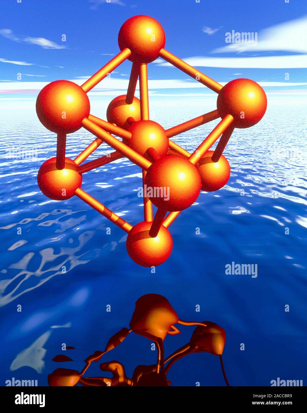 Molécula de hierro. Obra de Arte de un equipo modelo cúbico de una molécula  de alfa-hierro flotando sobre el agua. Los átomos de hierro (Fe) son  representadas como esferas. Esta estructura Fotografía