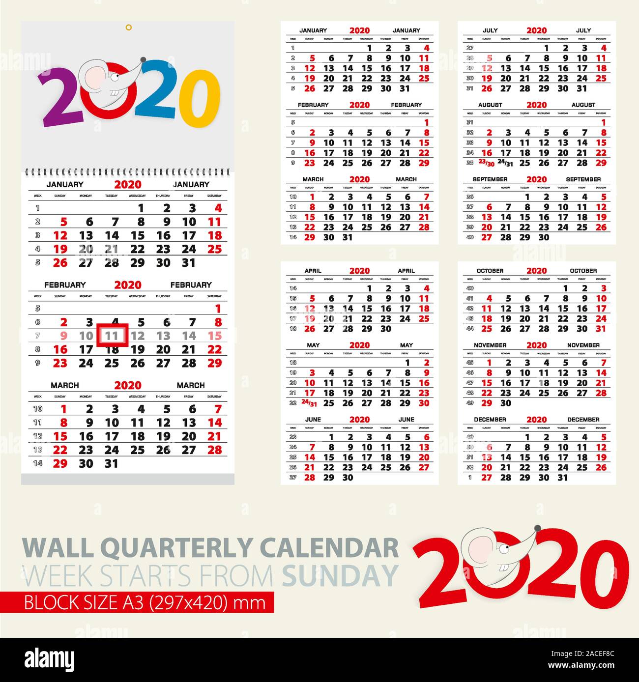 Plantilla De Impresion De Pared Calendario Trimestral Para El Ano 2020 Ano De La Rata La Semana Comienza En Domingo Imagen Vector De Stock Alamy calendario semana 40